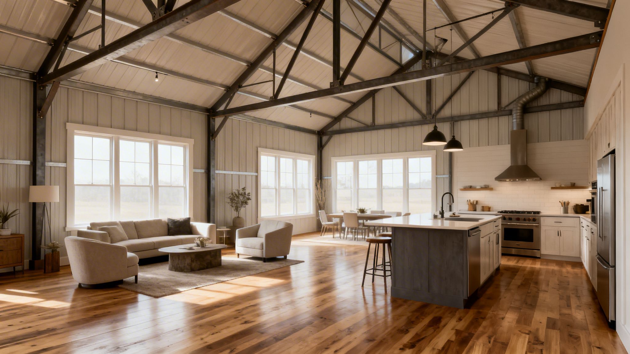 An expansive open-concept barndominium interior with living, dining, and kitchen areas.