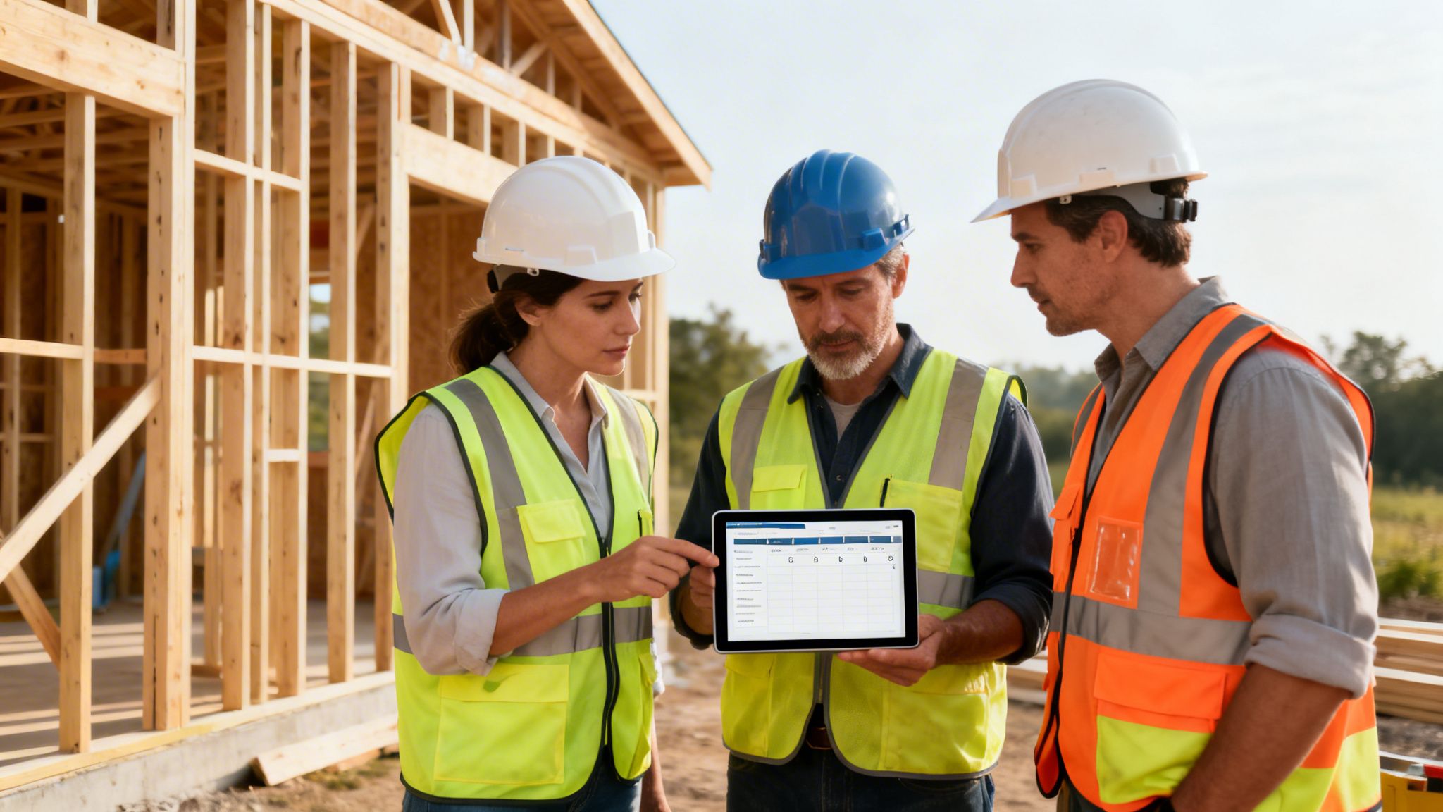 Three construction workers, two men and one woman, discuss plans on a tablet at a building site.