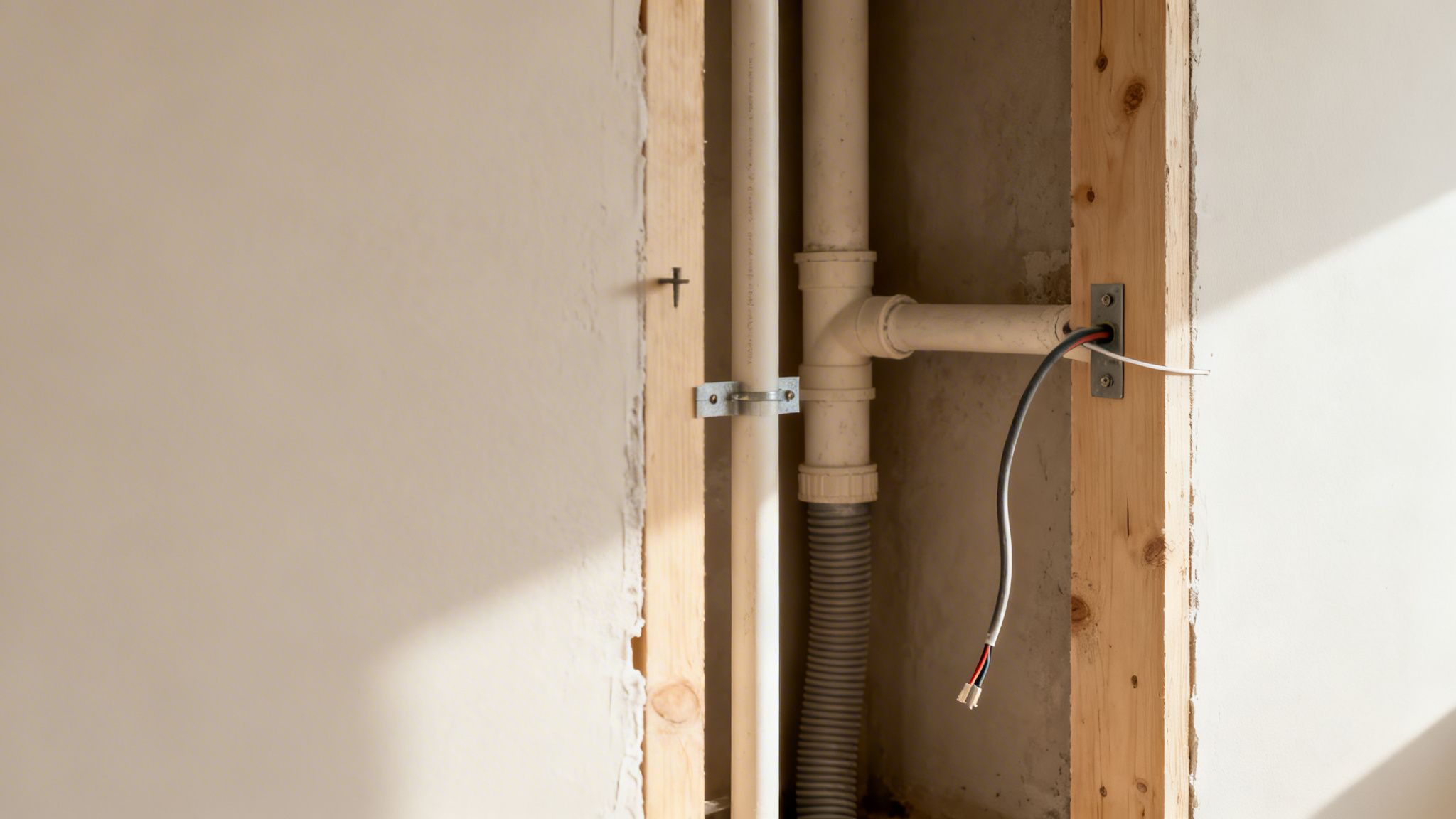 Exposed plumbing pipes, electrical wiring, and wooden wall framing during a home renovation.