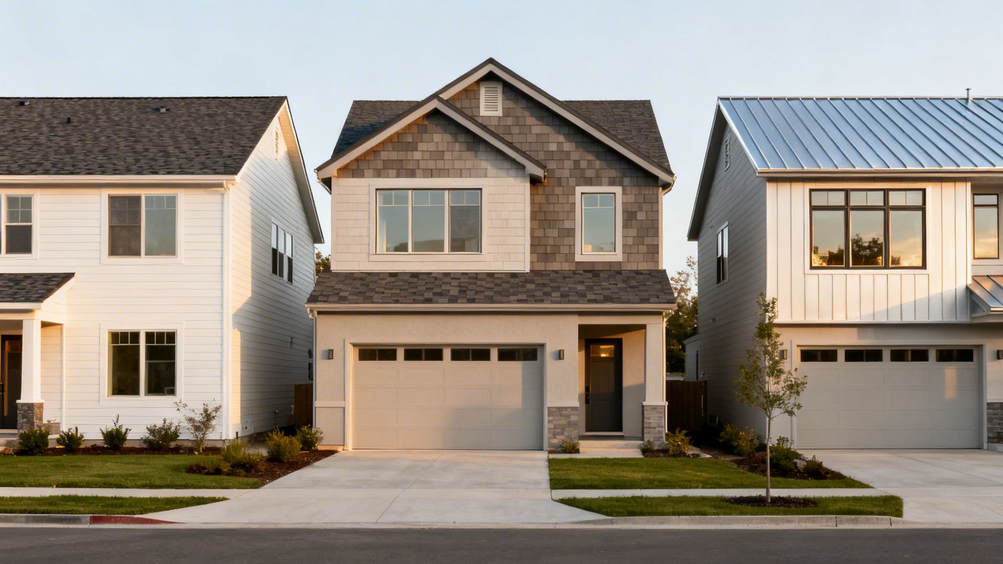 Three modern suburban houses with different siding and roof styles on a sunny street.