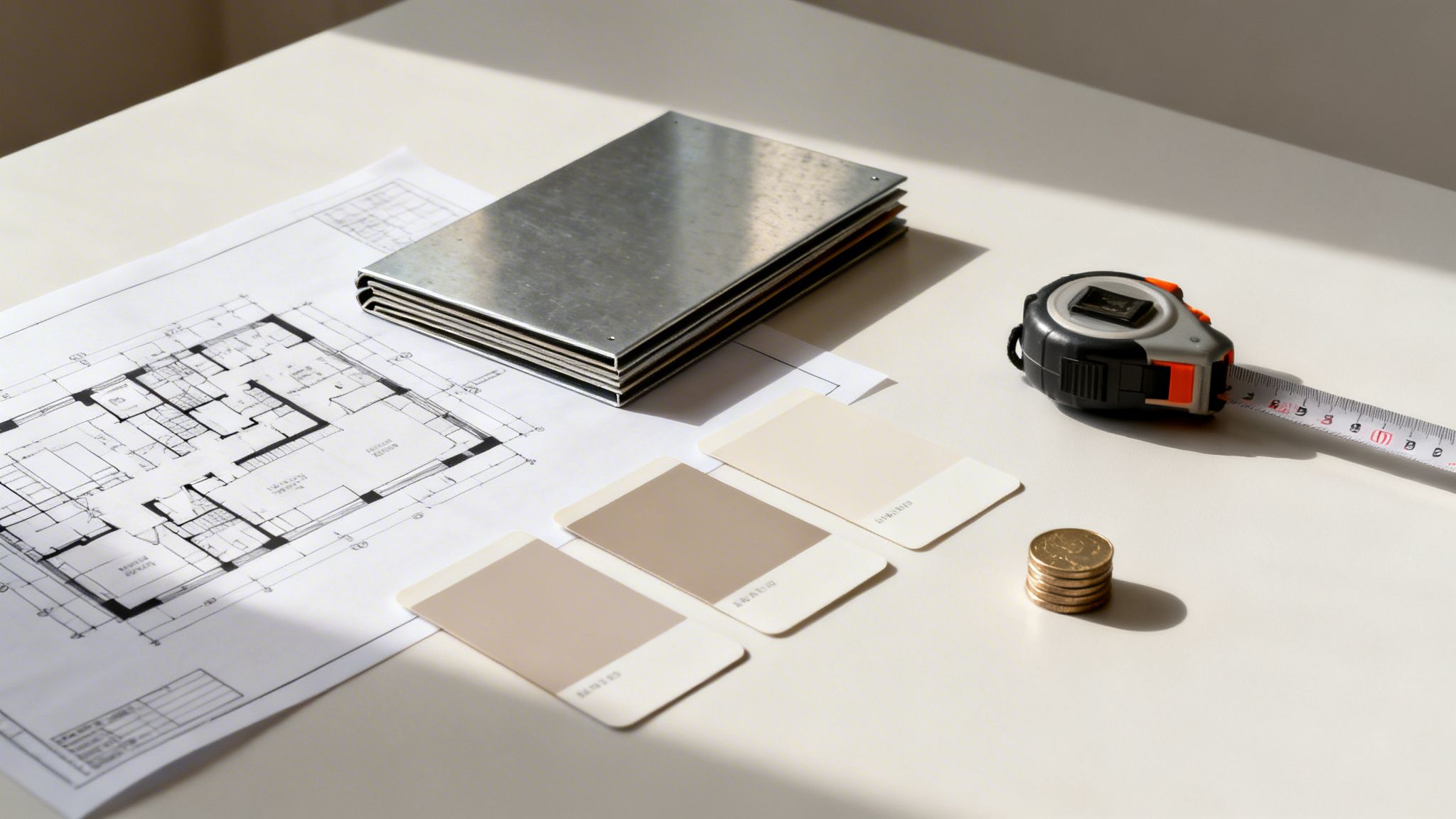 Architectural blueprint, color swatches, material samples, measuring tape, and coins on a table.