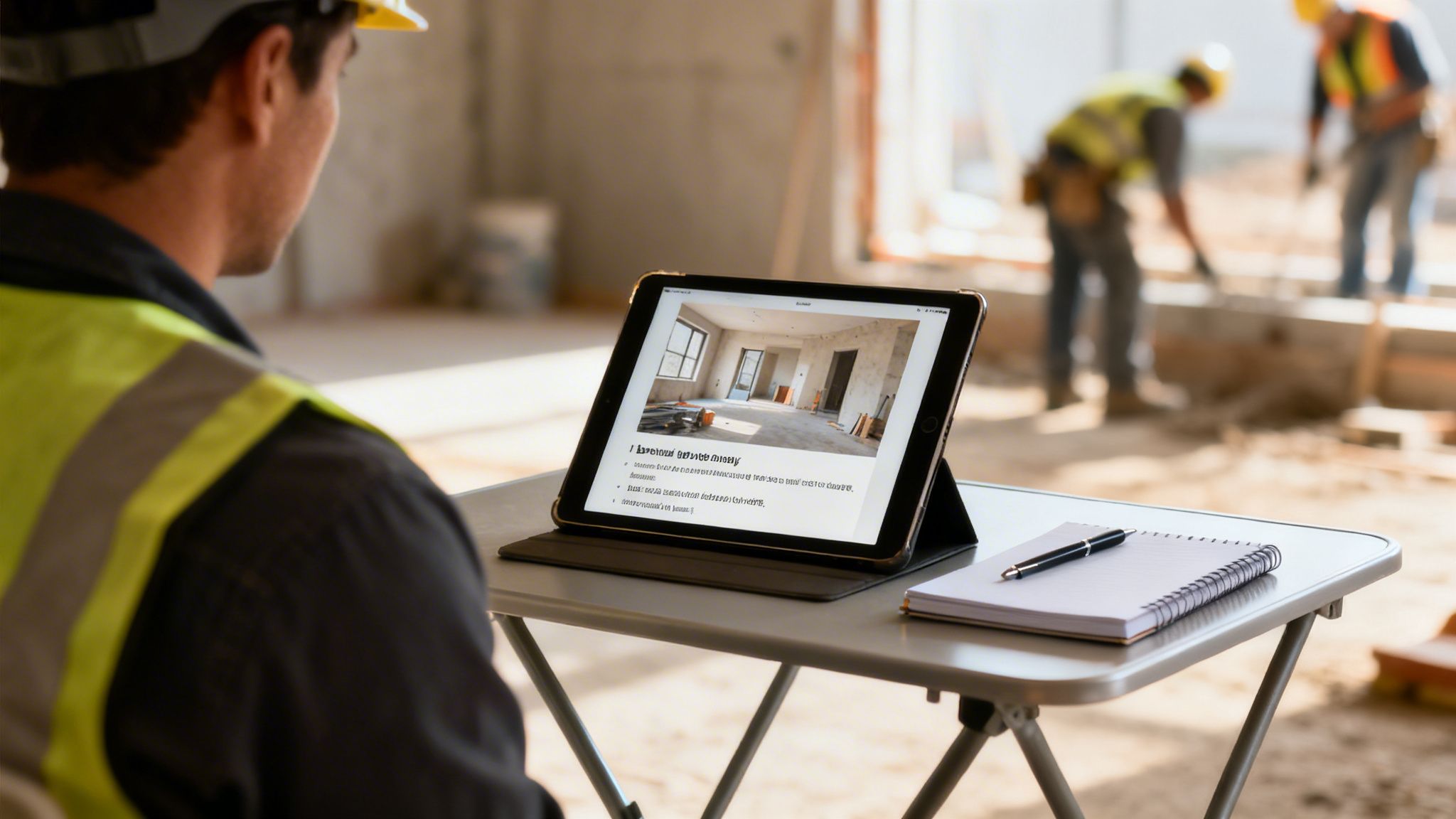 A construction worker in a hard hat and safety vest reviews plans on a tablet at a job site.