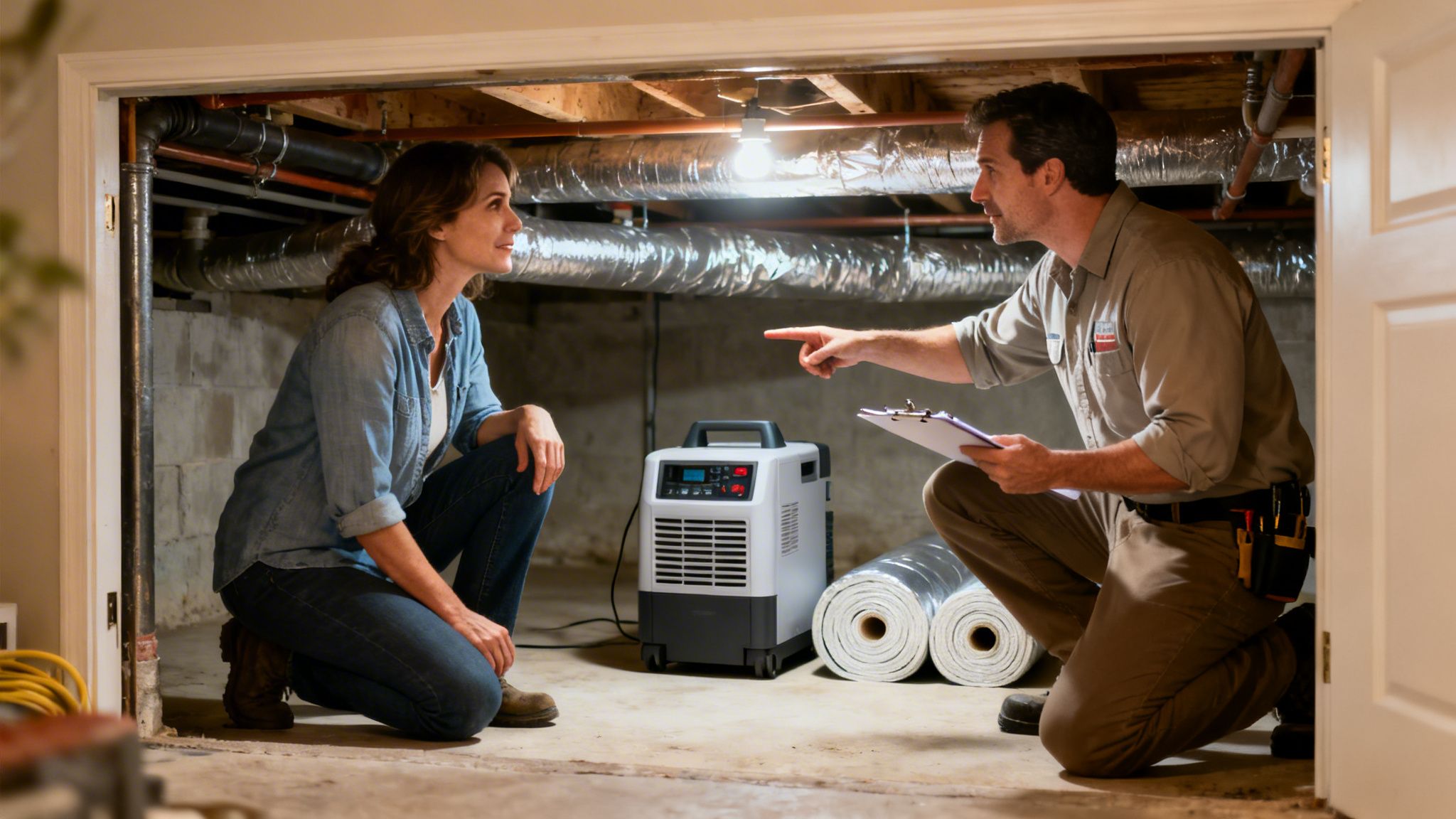 A professional explains crawl space insulation and moisture control to a homeowner.