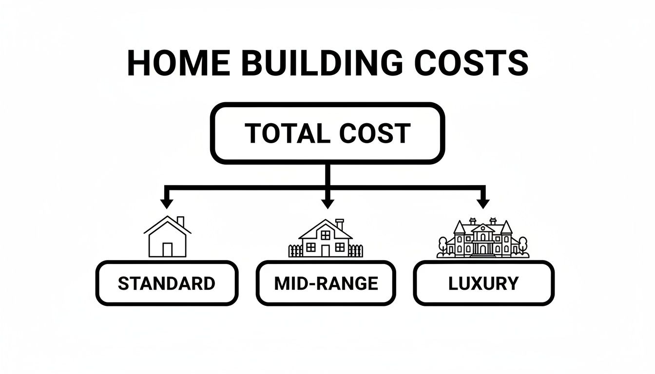 A flowchart illustrates home building costs, categorizing total cost into standard, mid-range, and luxury homes.