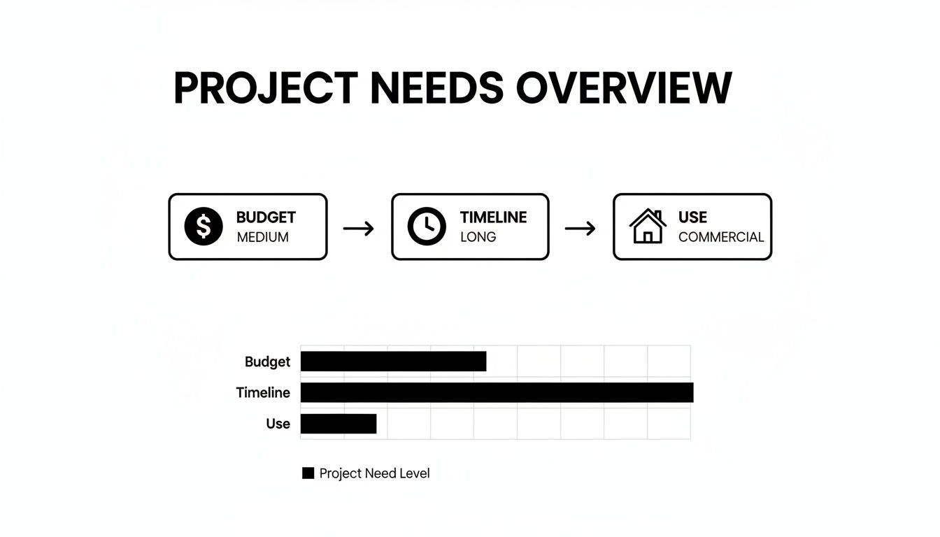 A project needs overview showing medium budget, long timeline, commercial use, and a corresponding bar chart.