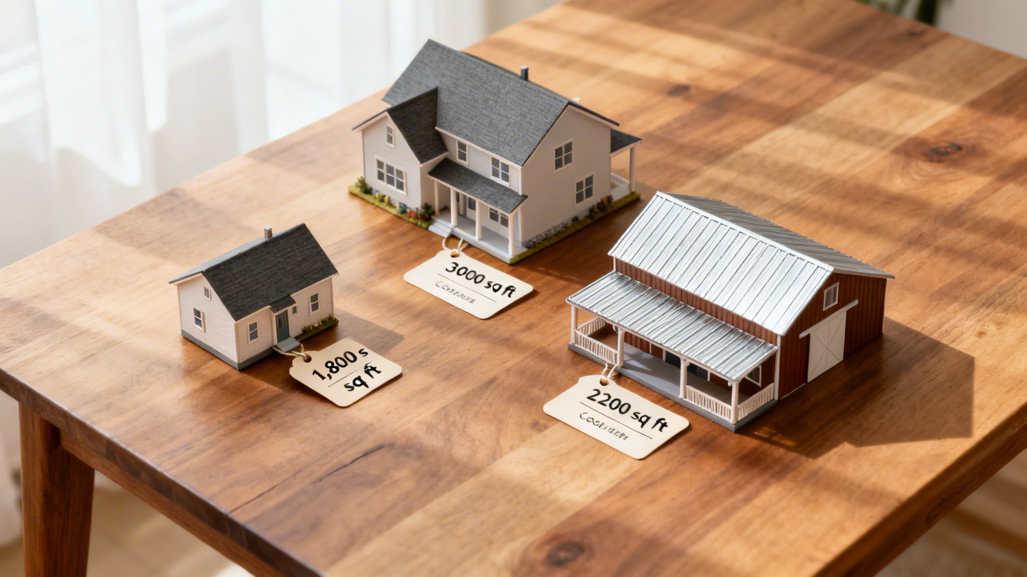 Three miniature house models with different square footage price tags on a wooden table.