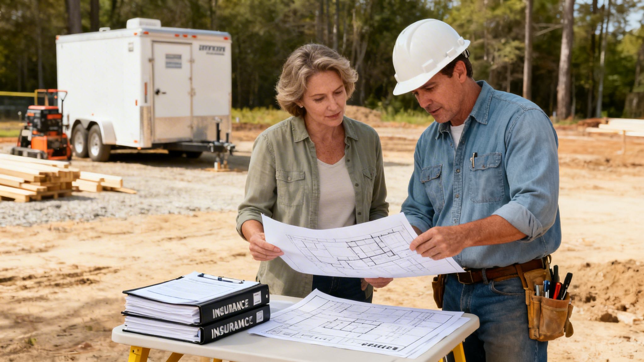 A general contractor and client review blueprints on a construction site with insurance documents.