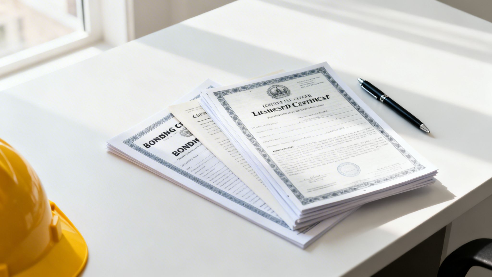 A stack of construction licenses and bonding certificates with a pen and a yellow hard hat on a white desk.