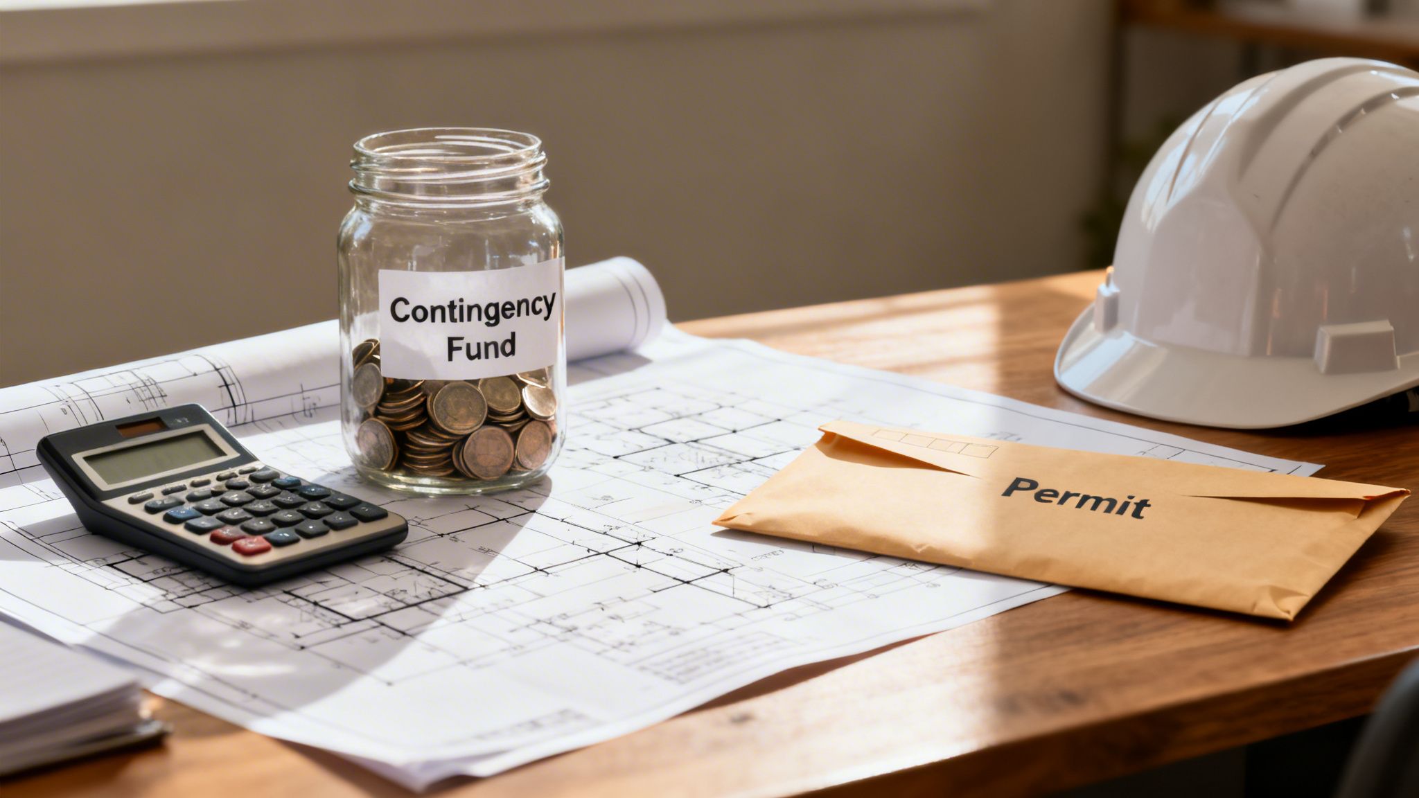 A desk with construction plans, a calculator, a jar of coins labeled 'Contingency Fund', an envelope 'Permit', and a hard hat, representing construction finances.