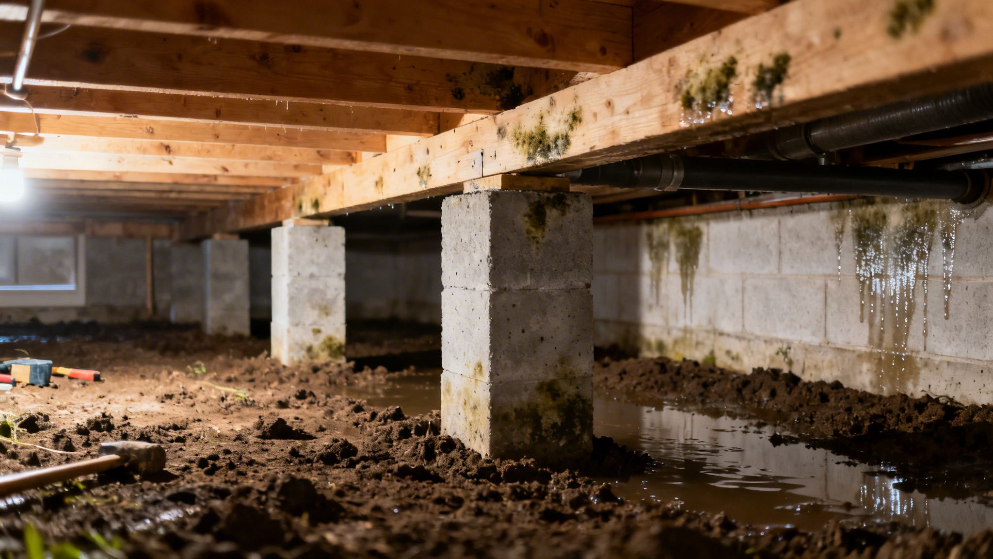 Damp crawl space with standing water, severe mold on wooden beams, concrete pillars, and walls.