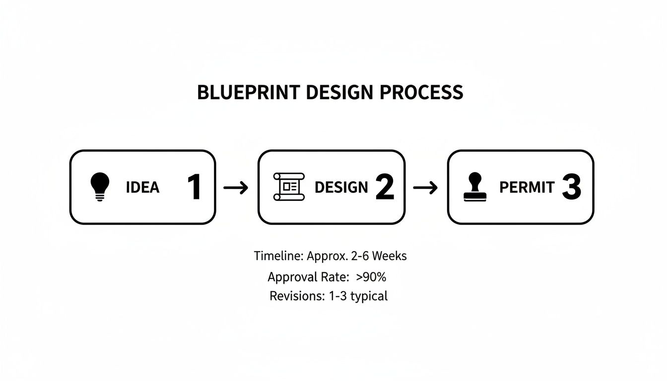 A flowchart outlining the blueprint design process with three steps: Idea, Design, and Permit, including timeline and approval rates.