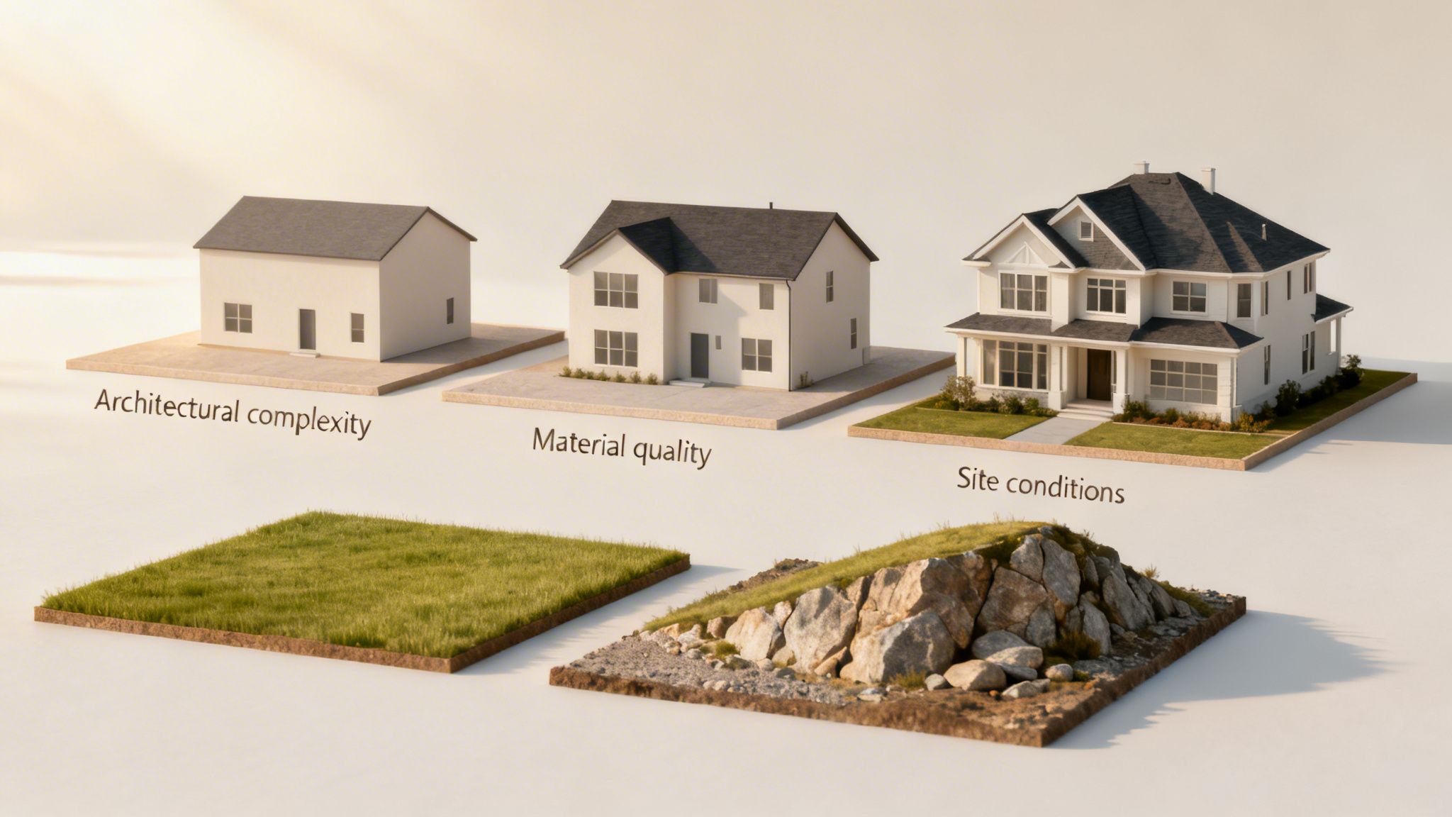 Diagram showing three houses and ground plots illustrating architectural complexity, material quality, and site conditions.