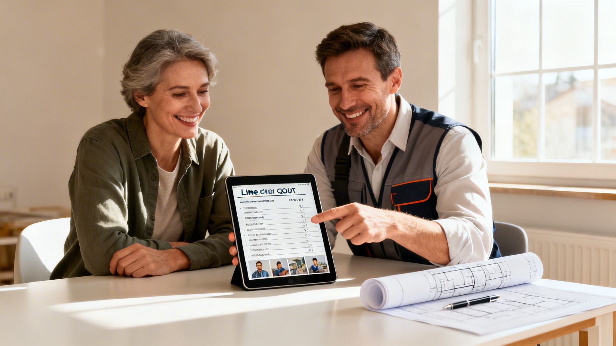 Smiling client and contractor discuss home project details on a tablet with blueprints on the table.