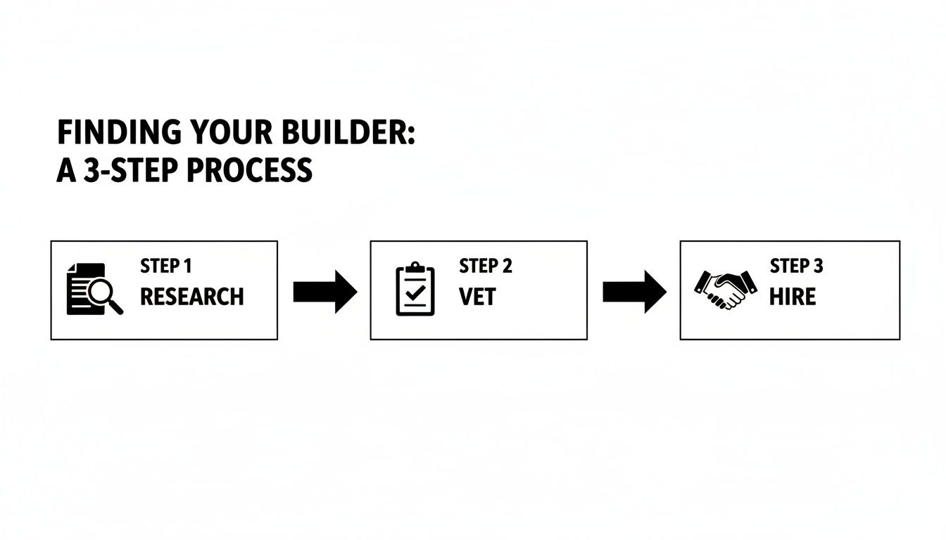 A 3-step process diagram for finding a builder: Step 1 Research, Step 2 Vet, Step 3 Hire.