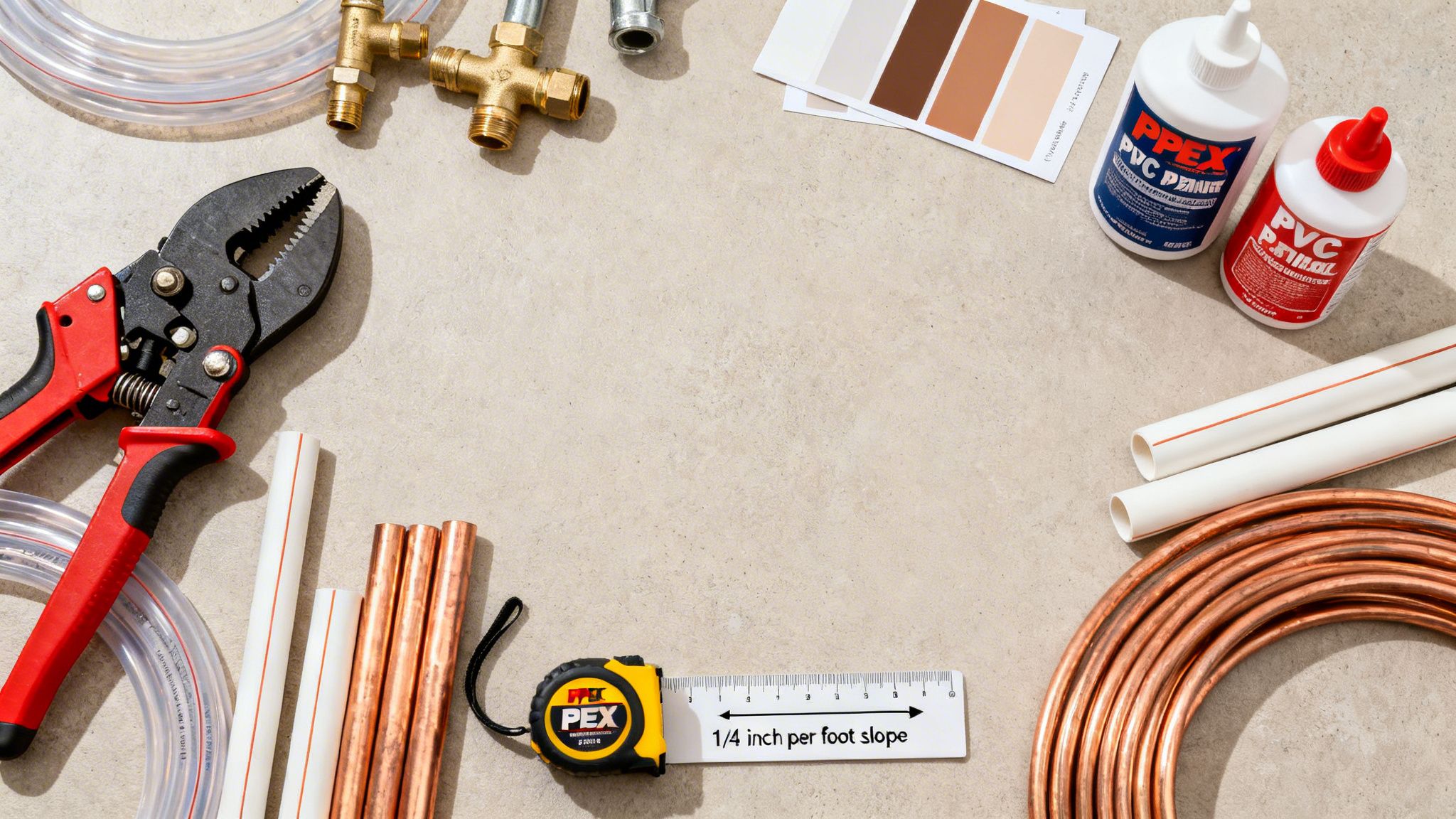 Essential plumbing tools and supplies for pipe installation, featuring copper, PEX, and PVC components.