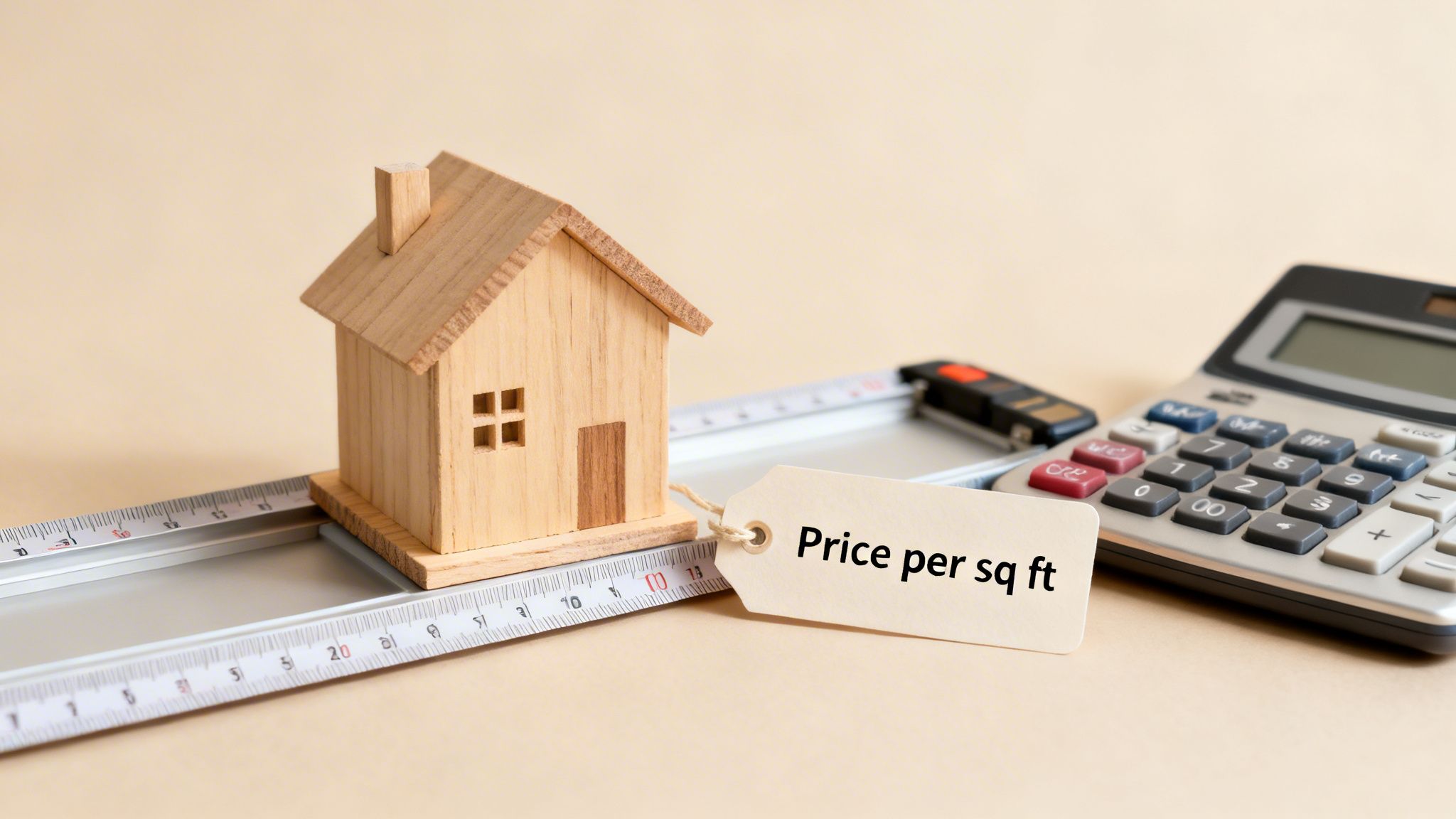 A wooden miniature house sits on a measuring tape with a 'Price per sq ft' tag and calculator.