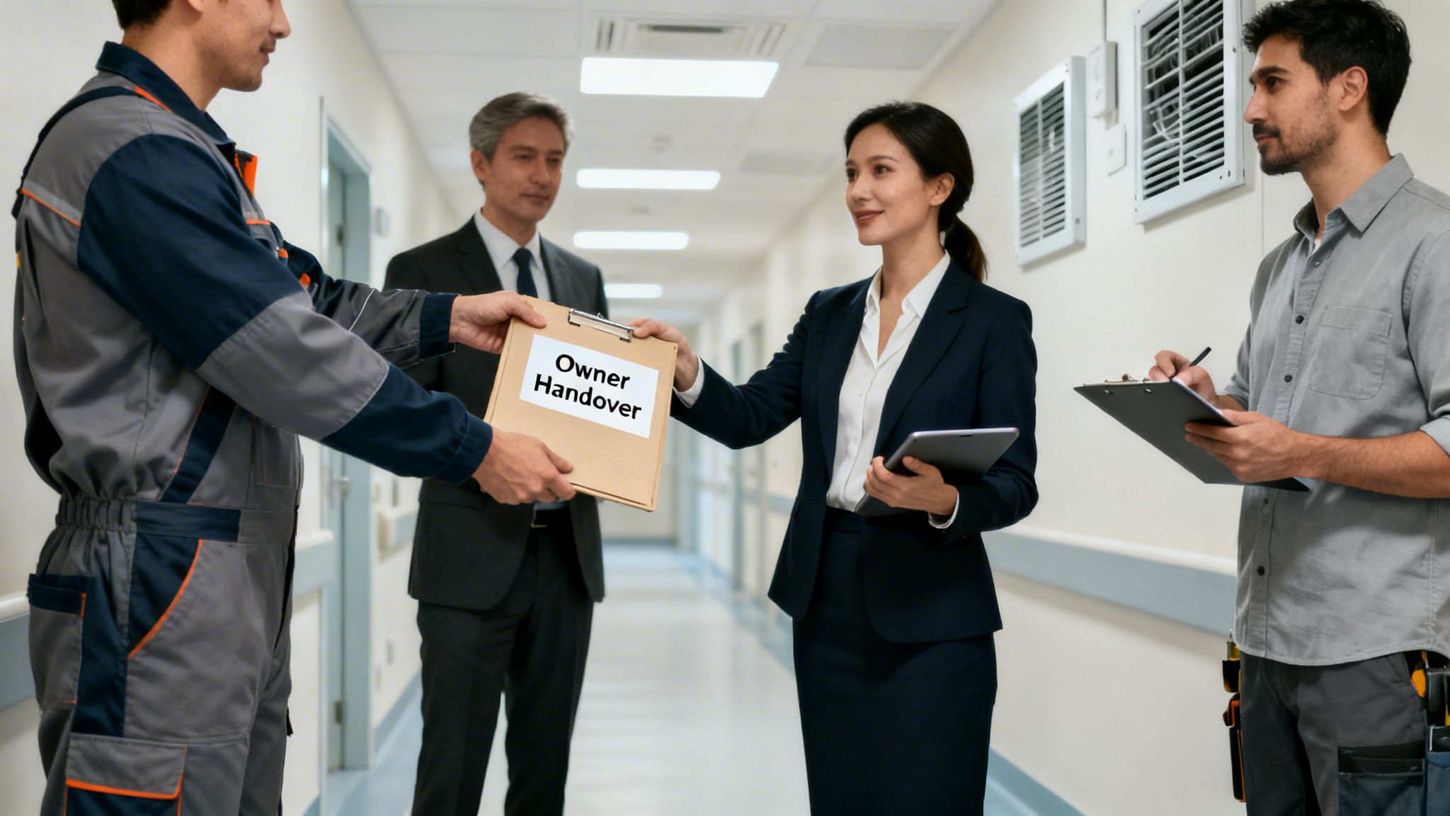Professionals and workers conduct an owner handover in a building hallway, exchanging documents.