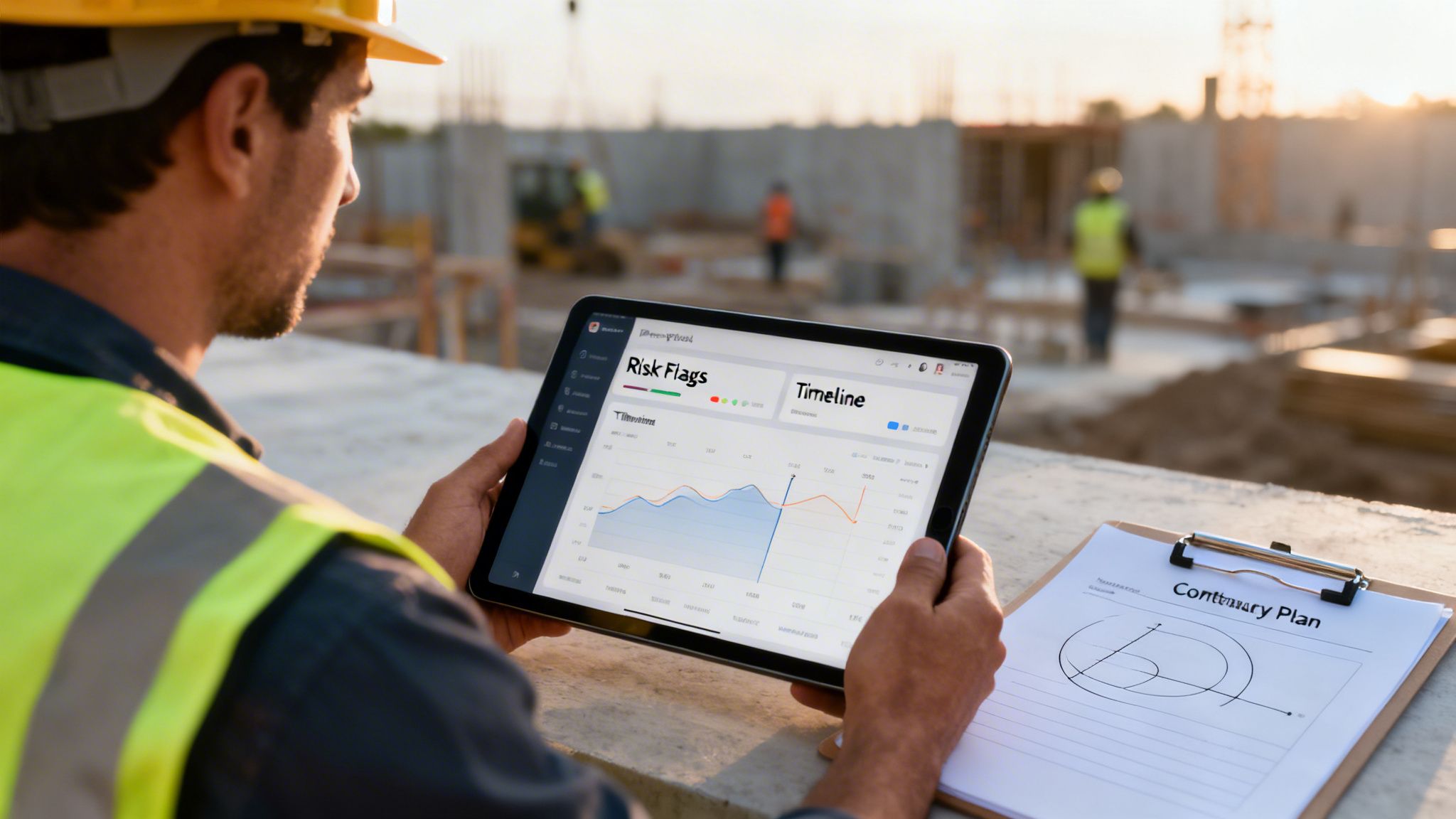A construction worker in a hard hat reviews project data on a tablet, showing risk flags and timeline graphs.