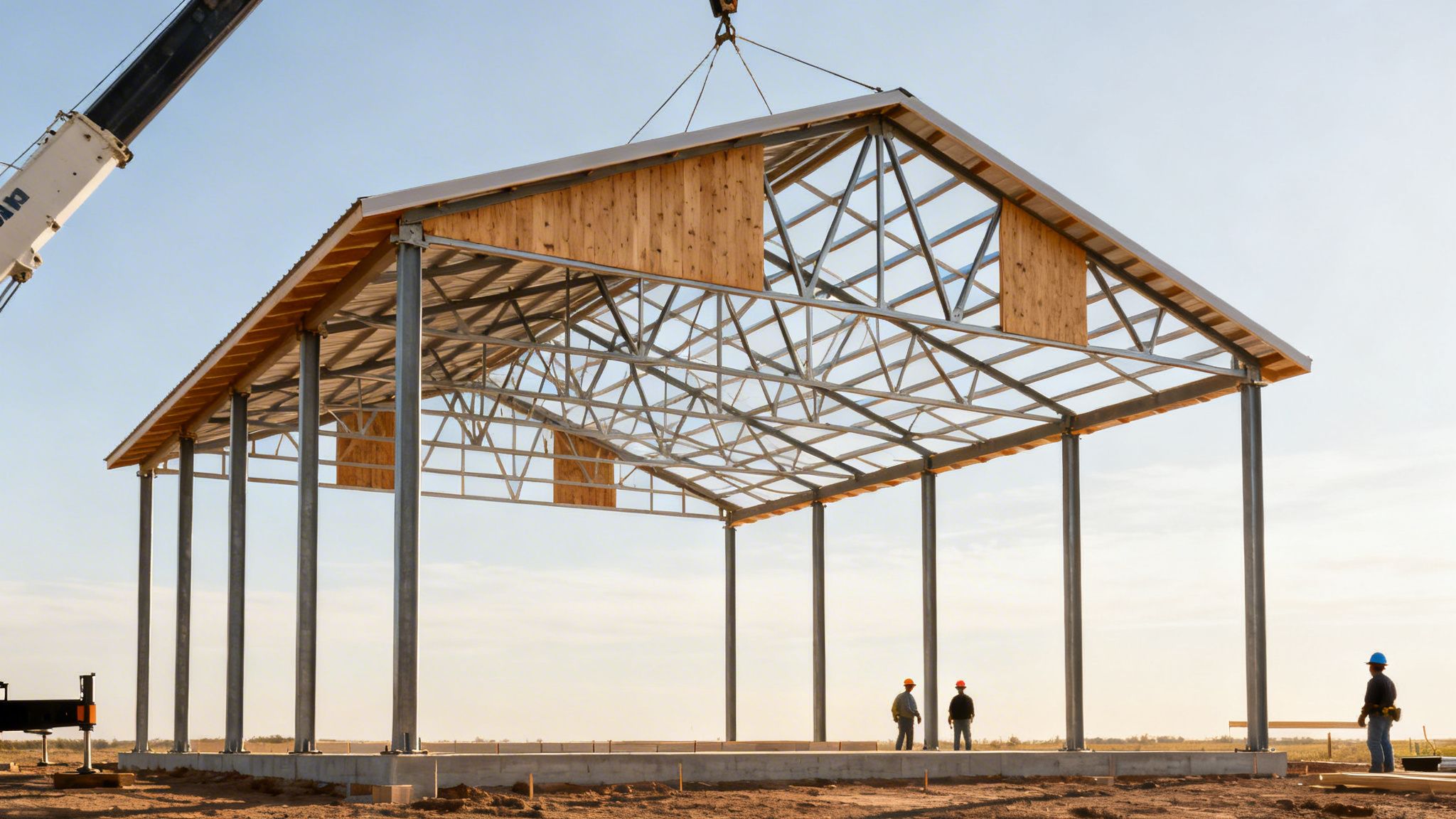 A crane lifts a large metal roof frame onto a barndominium structure, with construction workers on site.
