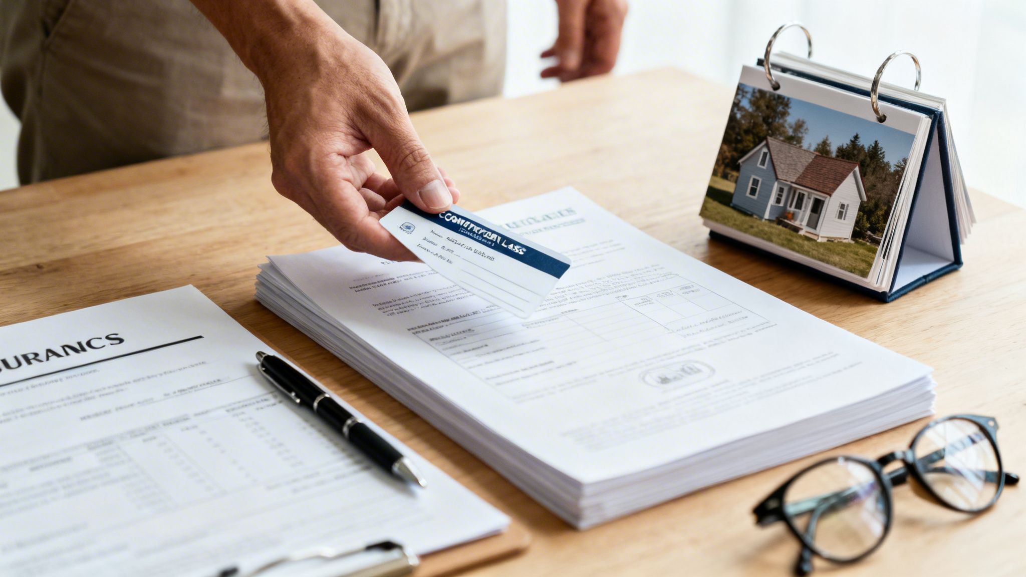 Hand holding a card over insurance documents on a desk with a house calendar and glasses.
