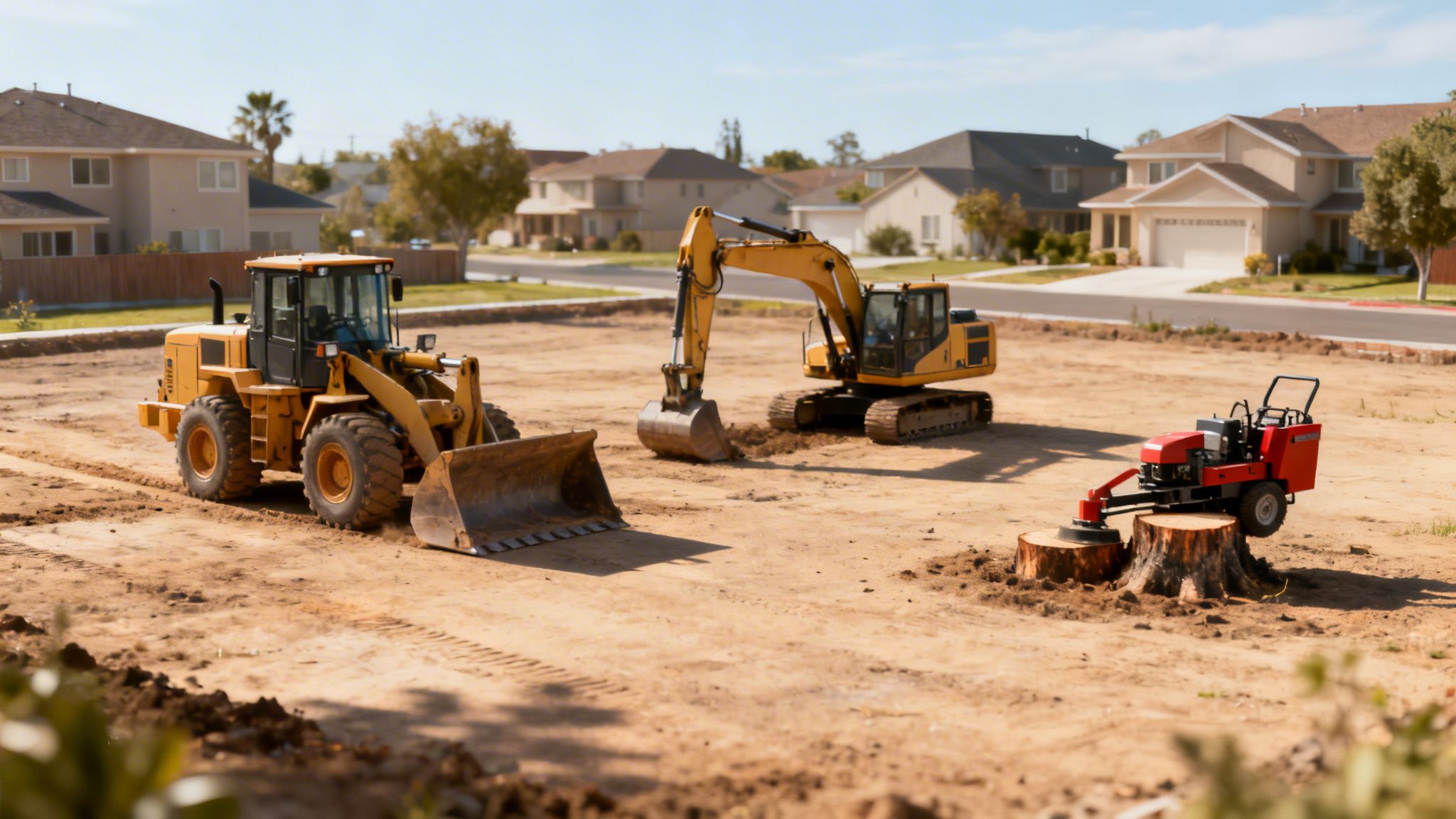 Heavy construction equipment, including a loader, excavator, and stump grinder, on a new building site.