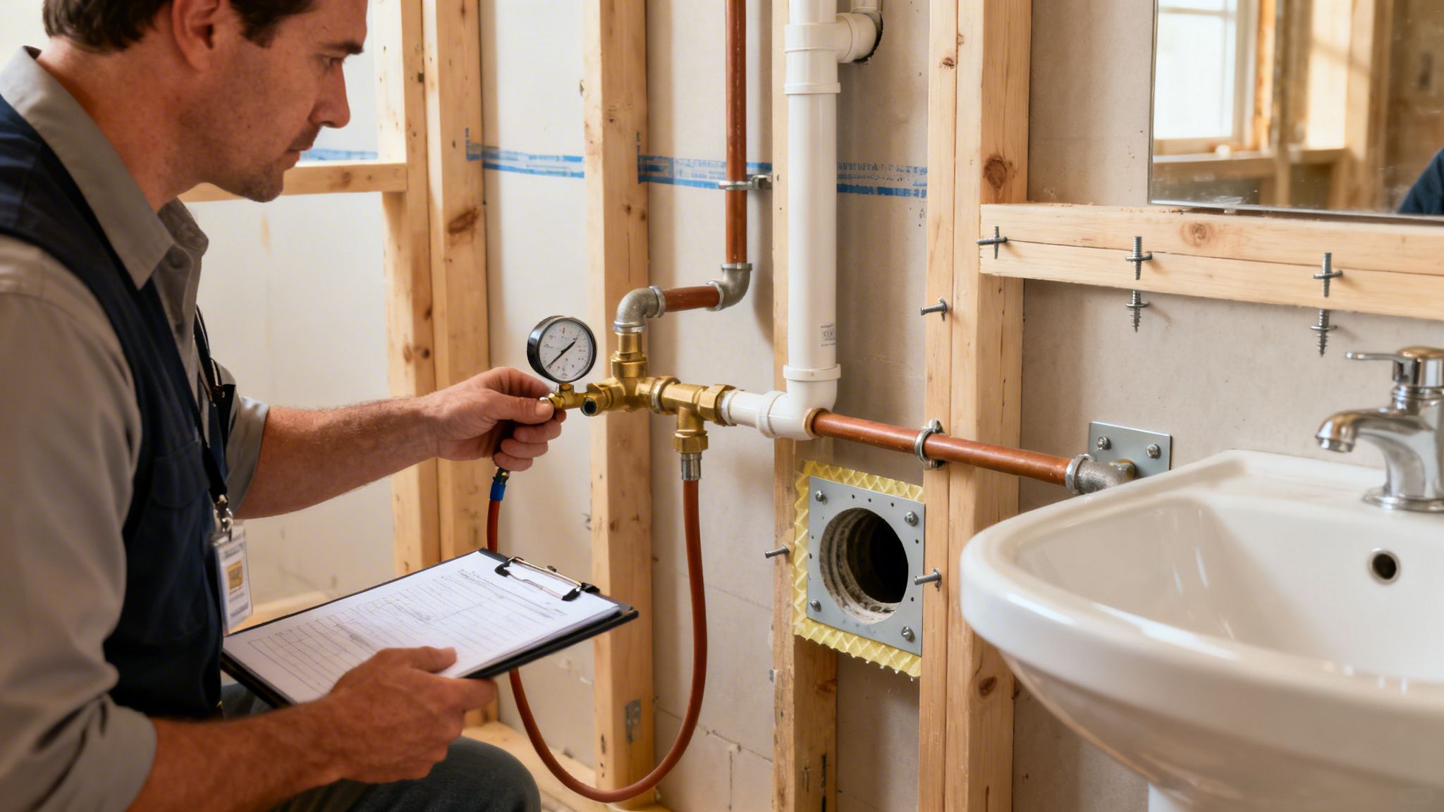 Plumber inspecting a pressure gauge on new plumbing pipes in a bathroom under construction.