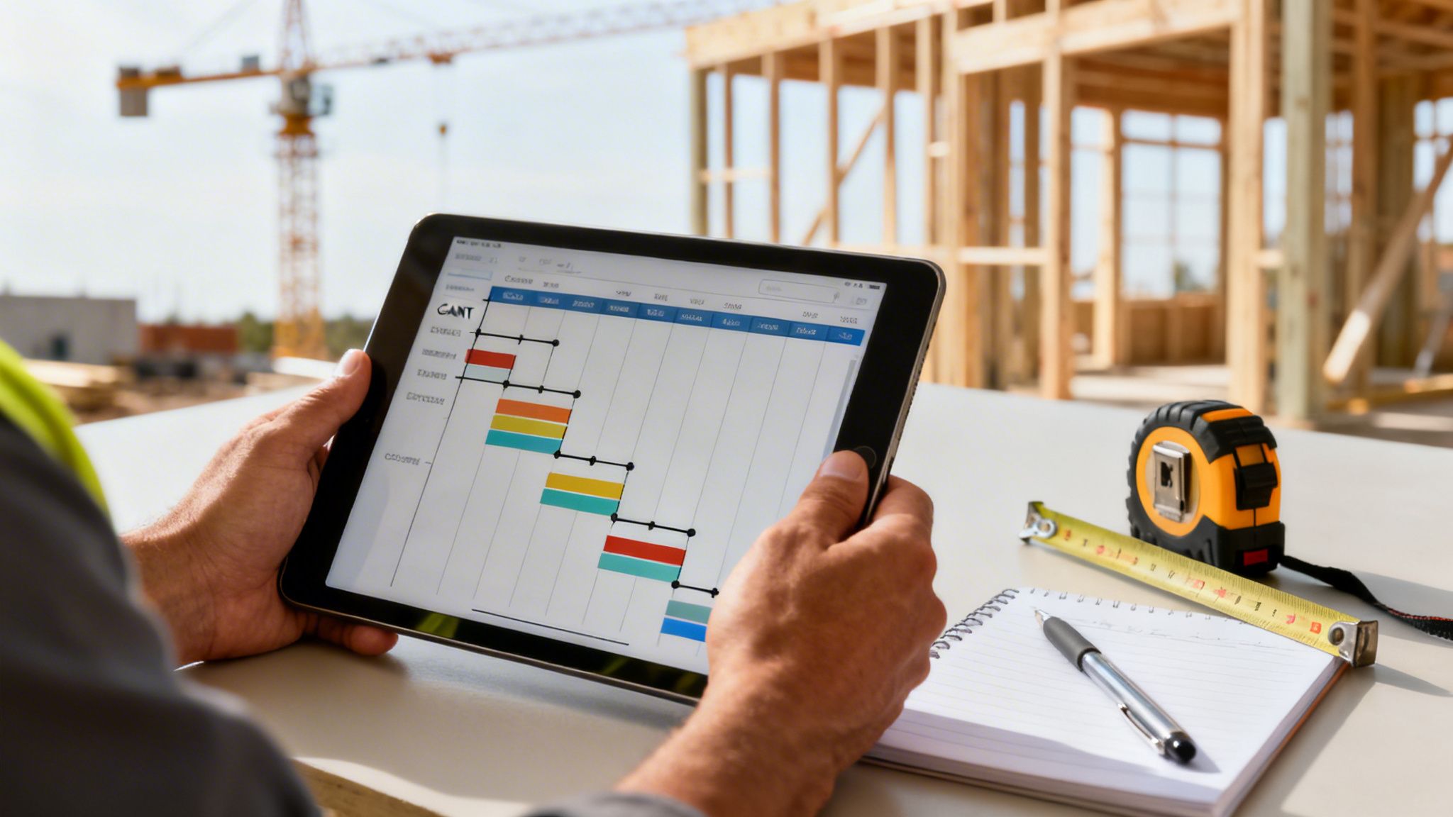 A construction worker uses a tablet to review a project timeline at a building site.