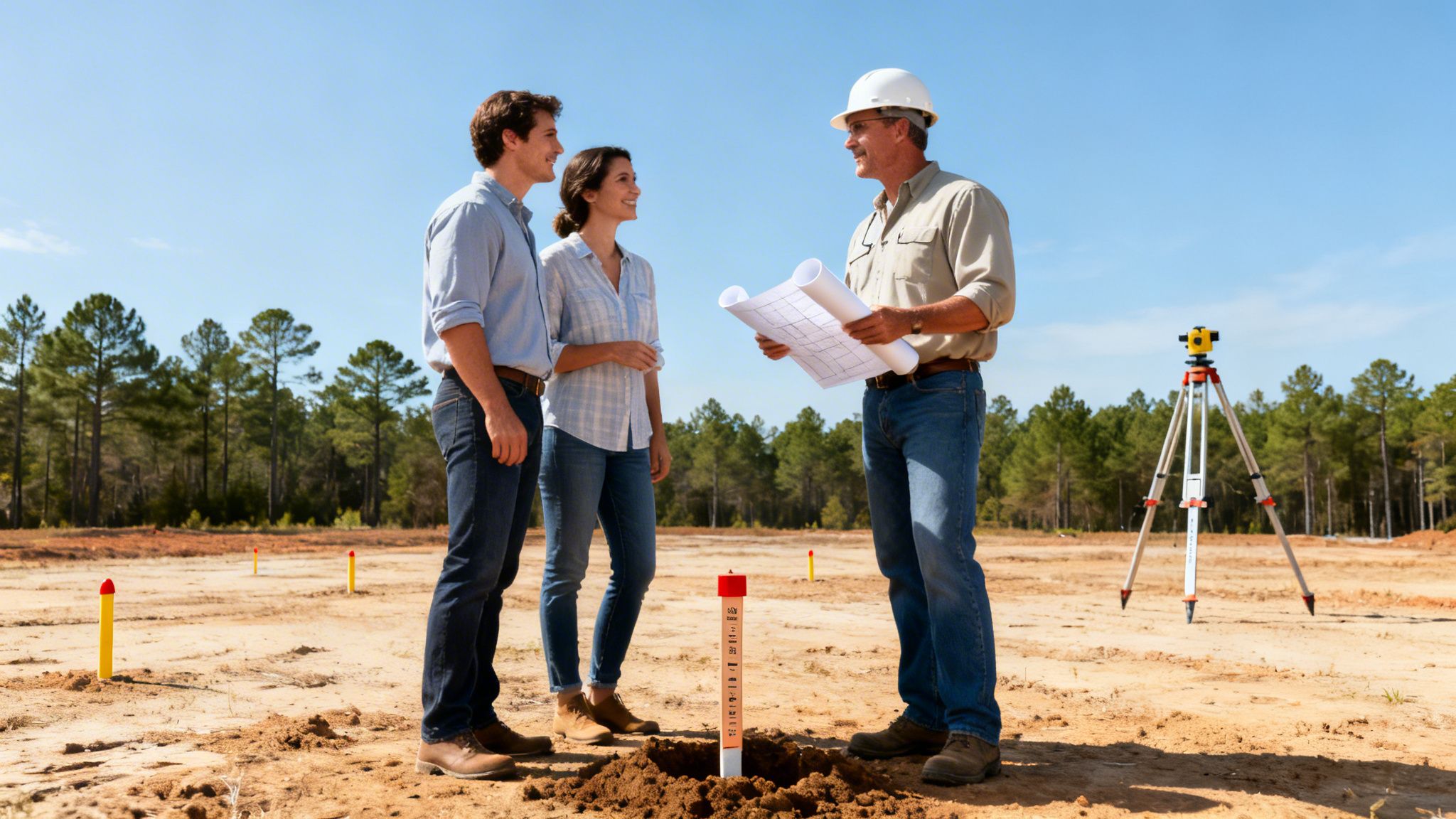 A couple consults with a construction worker holding blueprints on a sunny building site.