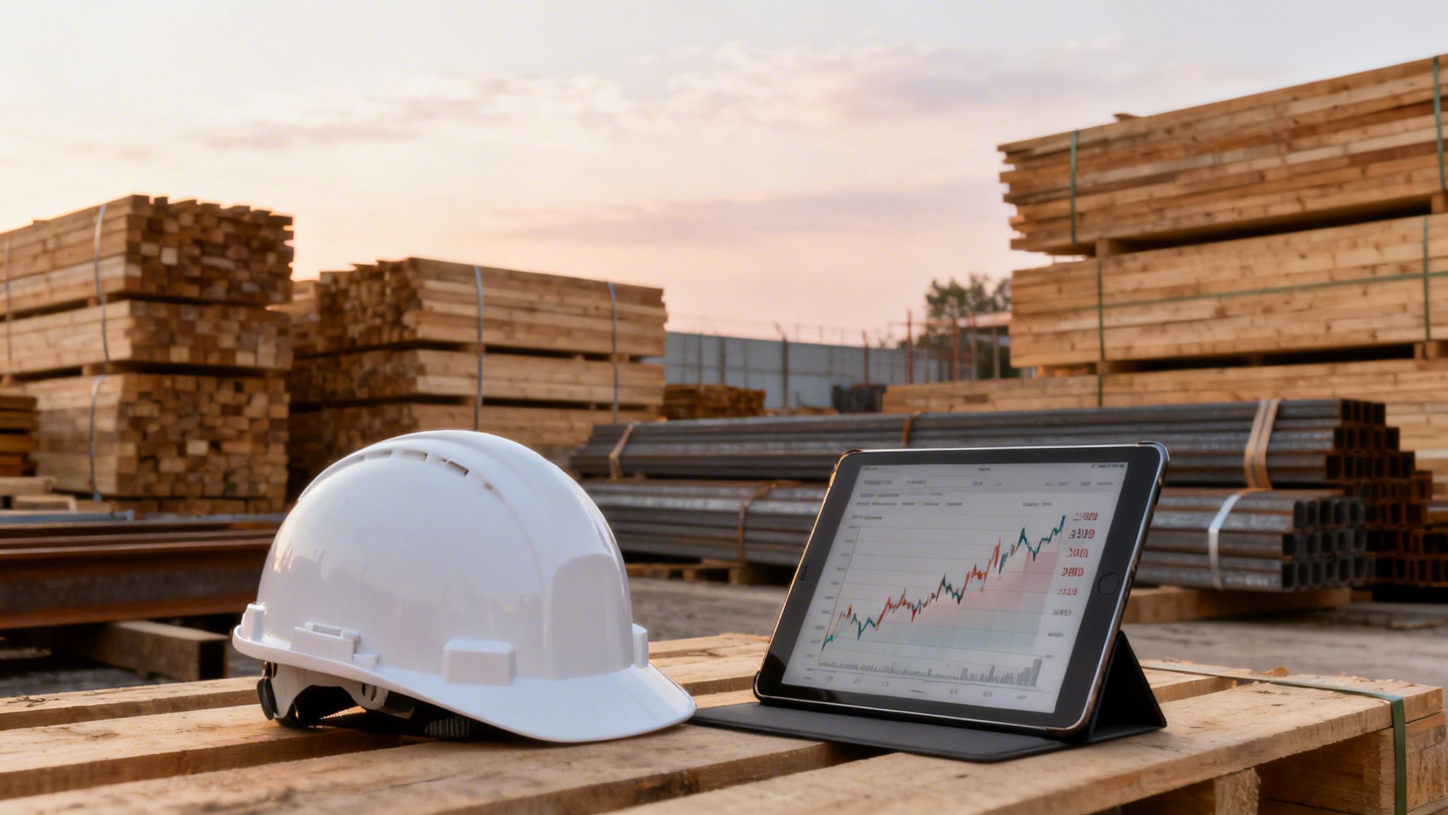White hard hat and tablet with a rising stock chart on wooden pallets at a construction material yard.