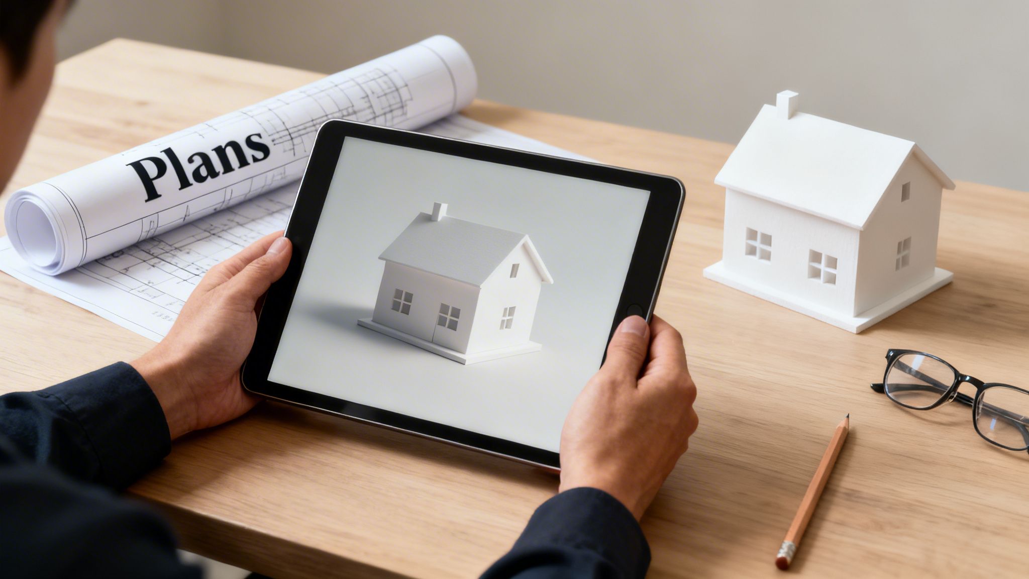 Architect reviewing digital house model on tablet with physical model and blueprints on a desk.