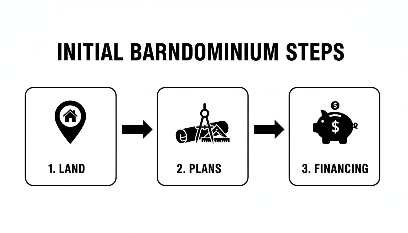 Flowchart showing the initial steps to build a barndominium: land, plans, and financing.