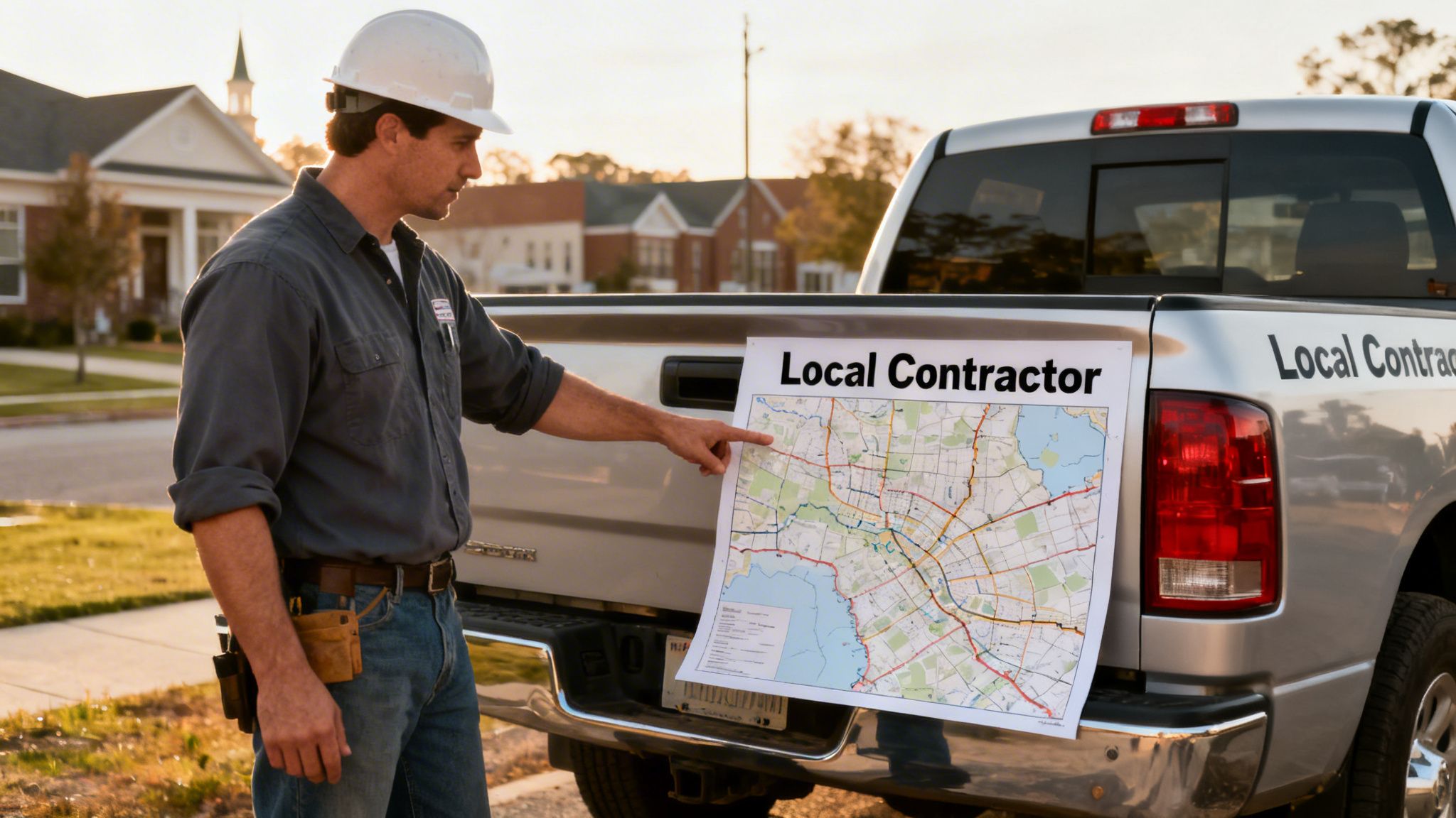 A general contractor in a hard hat points to a local map on his pickup truck tailgate.