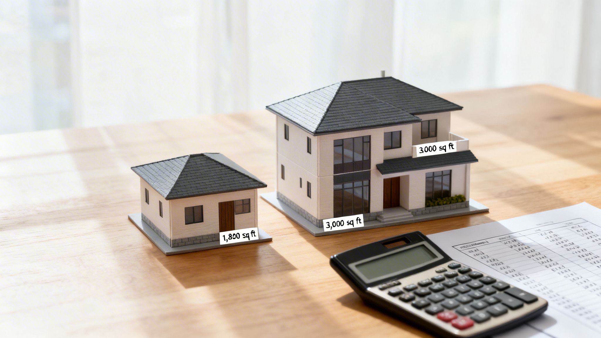 Two house models with square footage labels, a calculator, and financial documents on a wooden table.