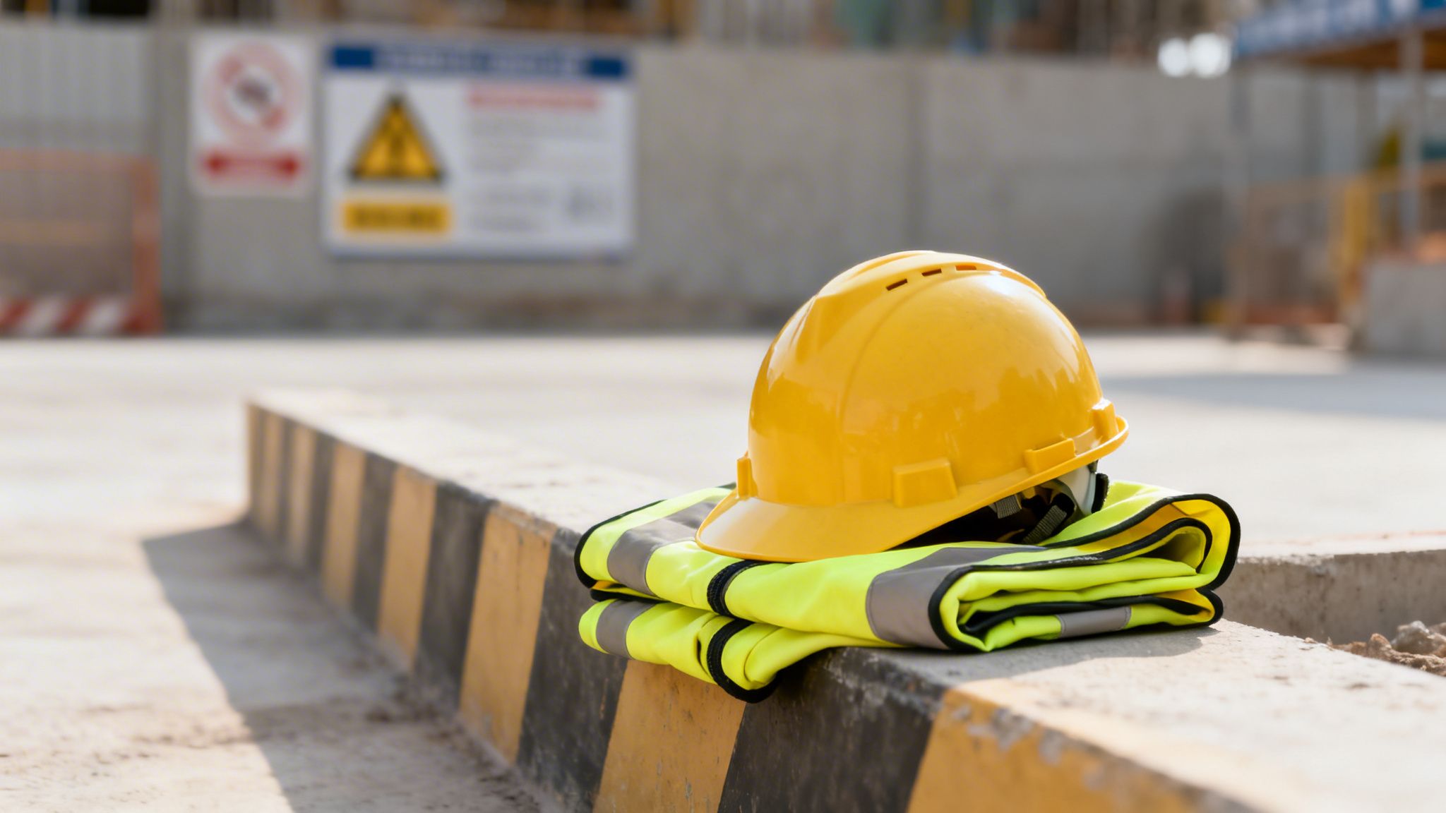 Yellow hard hat and folded safety vest resting on a striped barrier at a construction site.