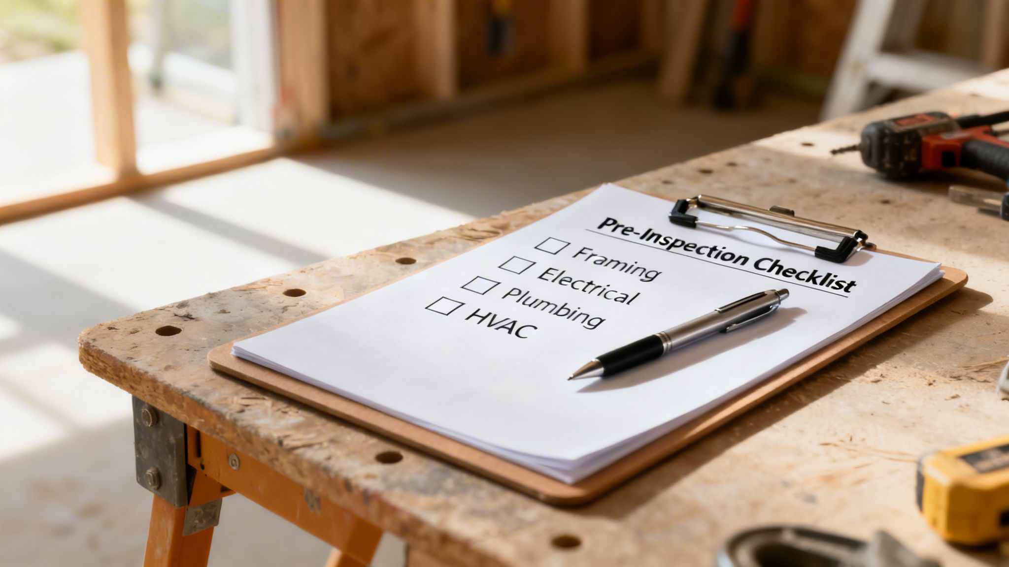 Pre-Inspection Checklist for framing, electrical, plumbing, and HVAC on a clipboard at a construction site.