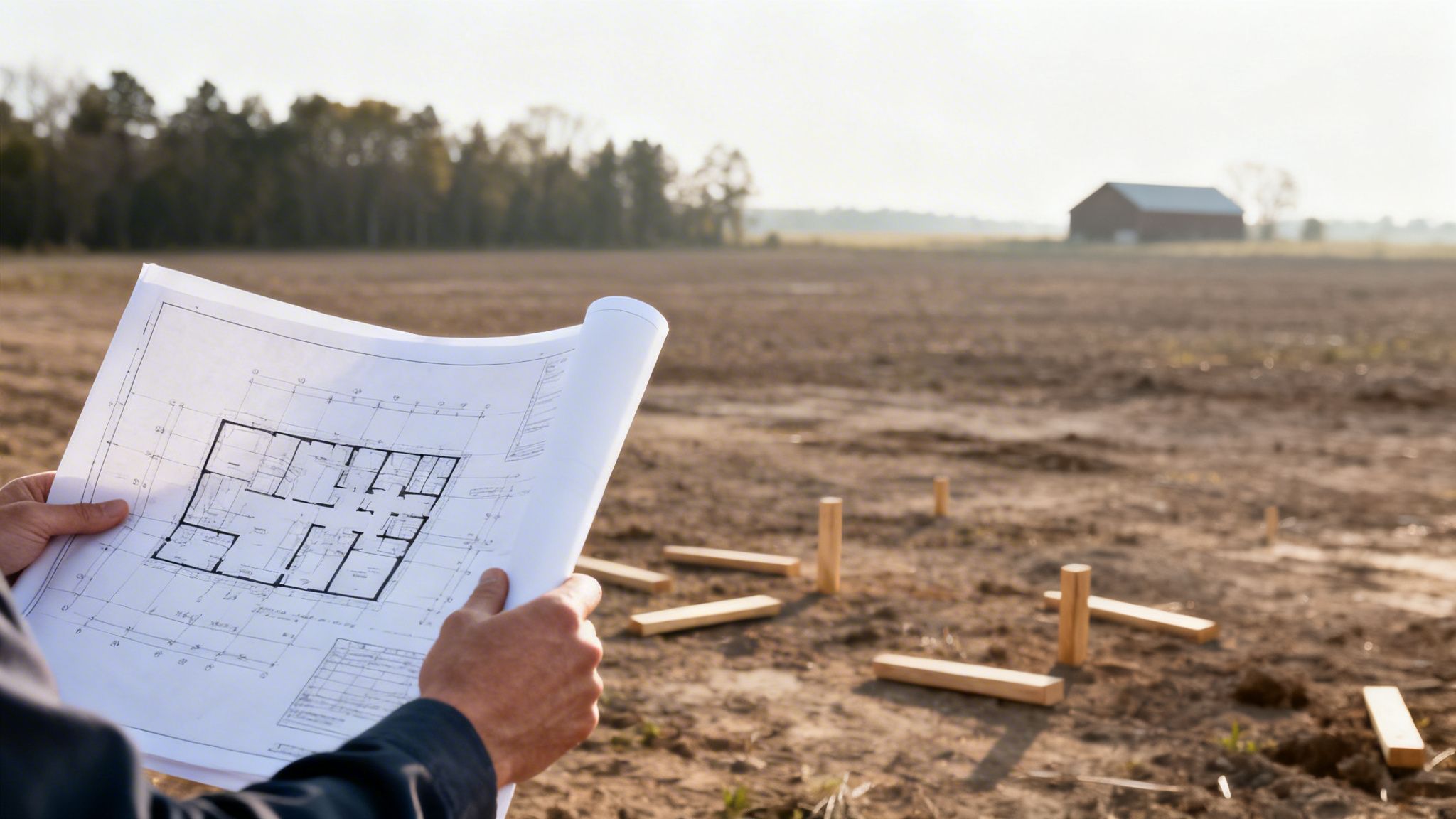 Hands holding building blueprints on a construction site with a barn in the background.