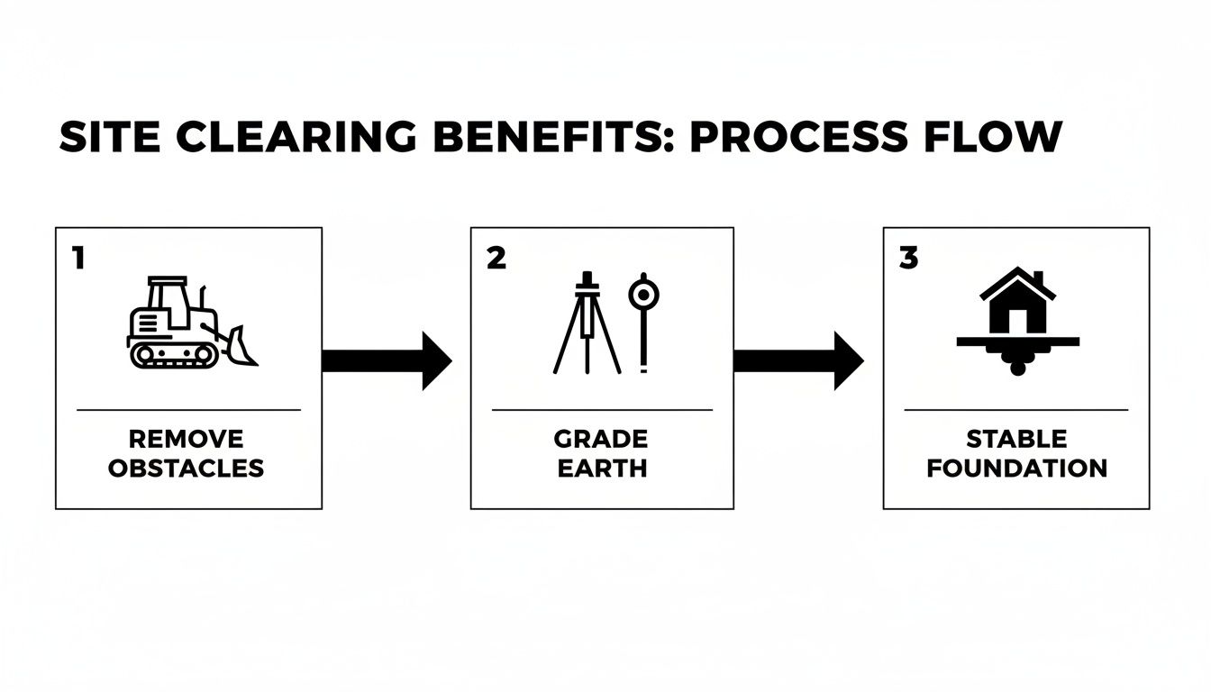 A clear process flow diagram detailing site clearing benefits: remove obstacles, grade earth, stable foundation.