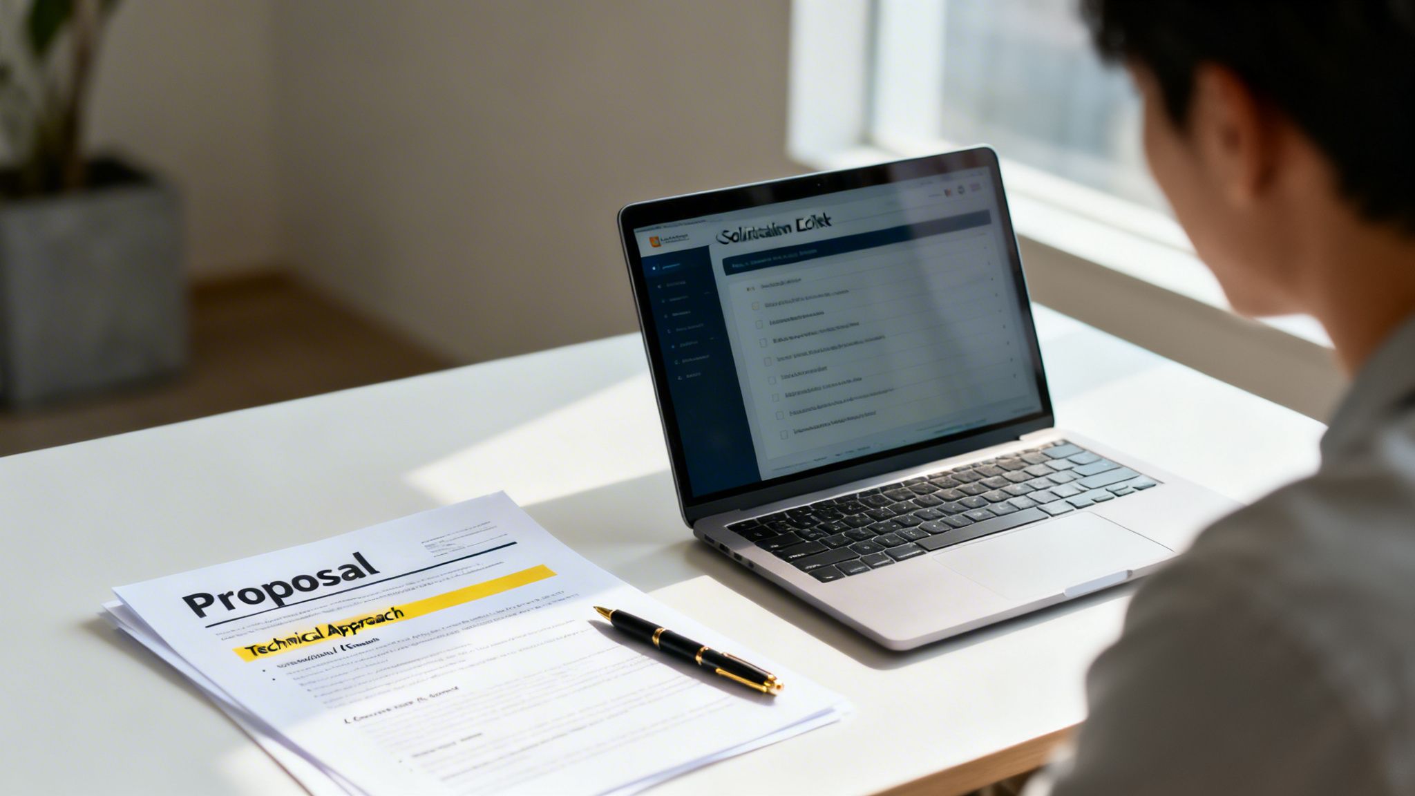 Over-the-shoulder view of a person reviewing a business proposal and using a laptop.