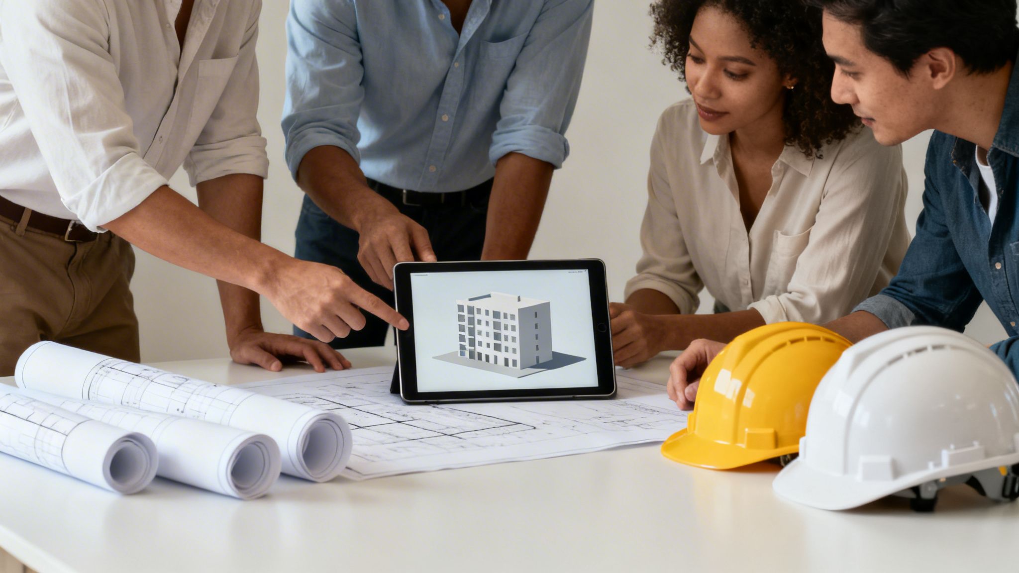 Four architects and engineers reviewing building plans and a 3D model on a tablet during a meeting.