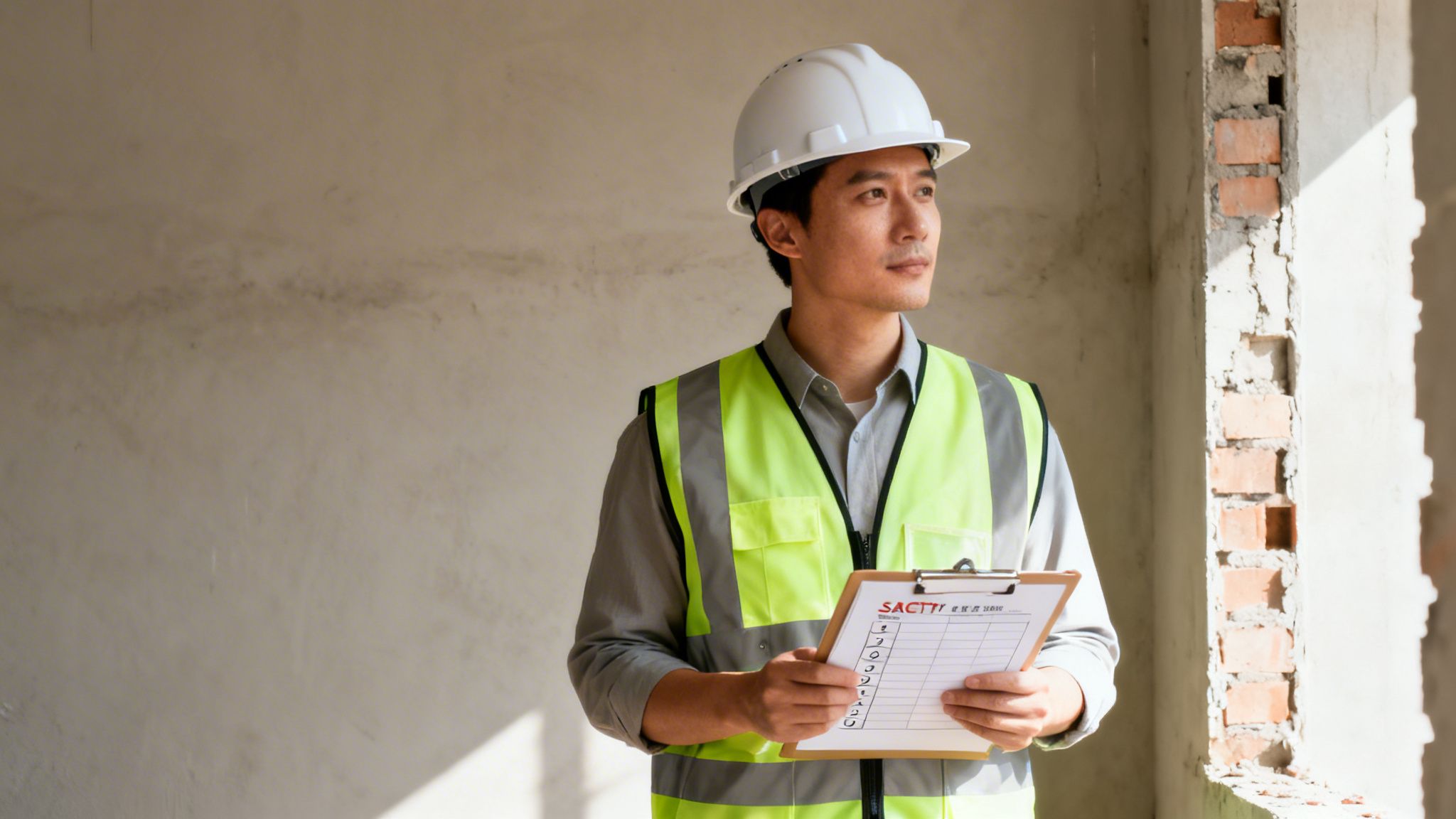 A male engineer in a hard hat and safety vest holds a clipboard at a construction site.