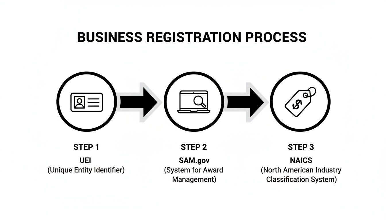 Diagram illustrating the three steps of the business registration process: UEI, SAM.gov, and NAICS.