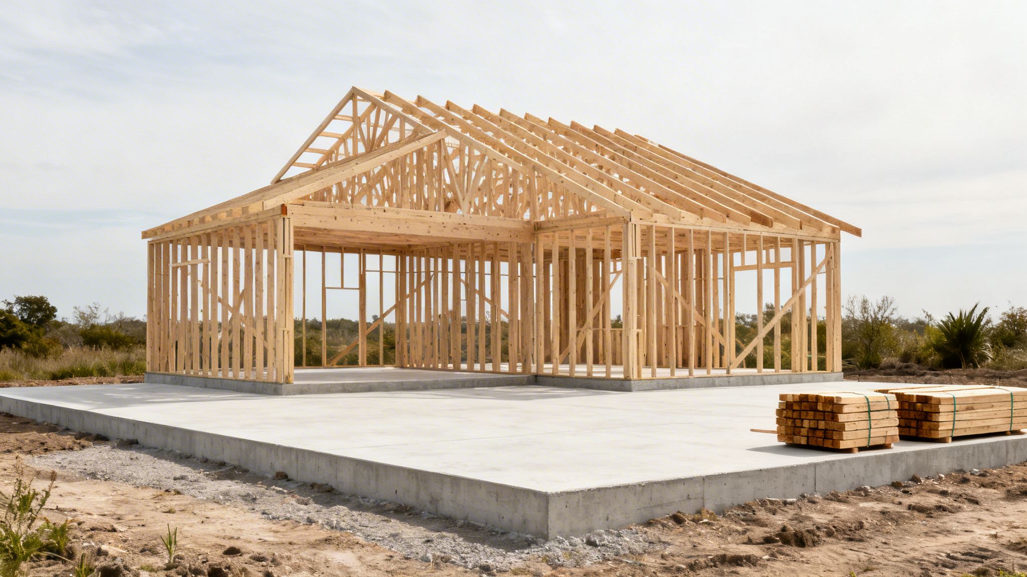 A new house under construction, showing a wooden frame on a concrete slab, with lumber stacks.
