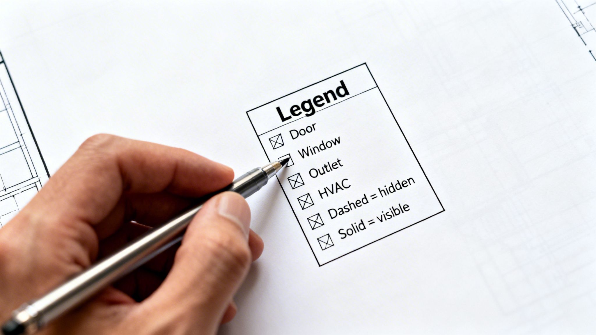 A hand uses a pen to check 'Outlet' on a construction plan legend.
