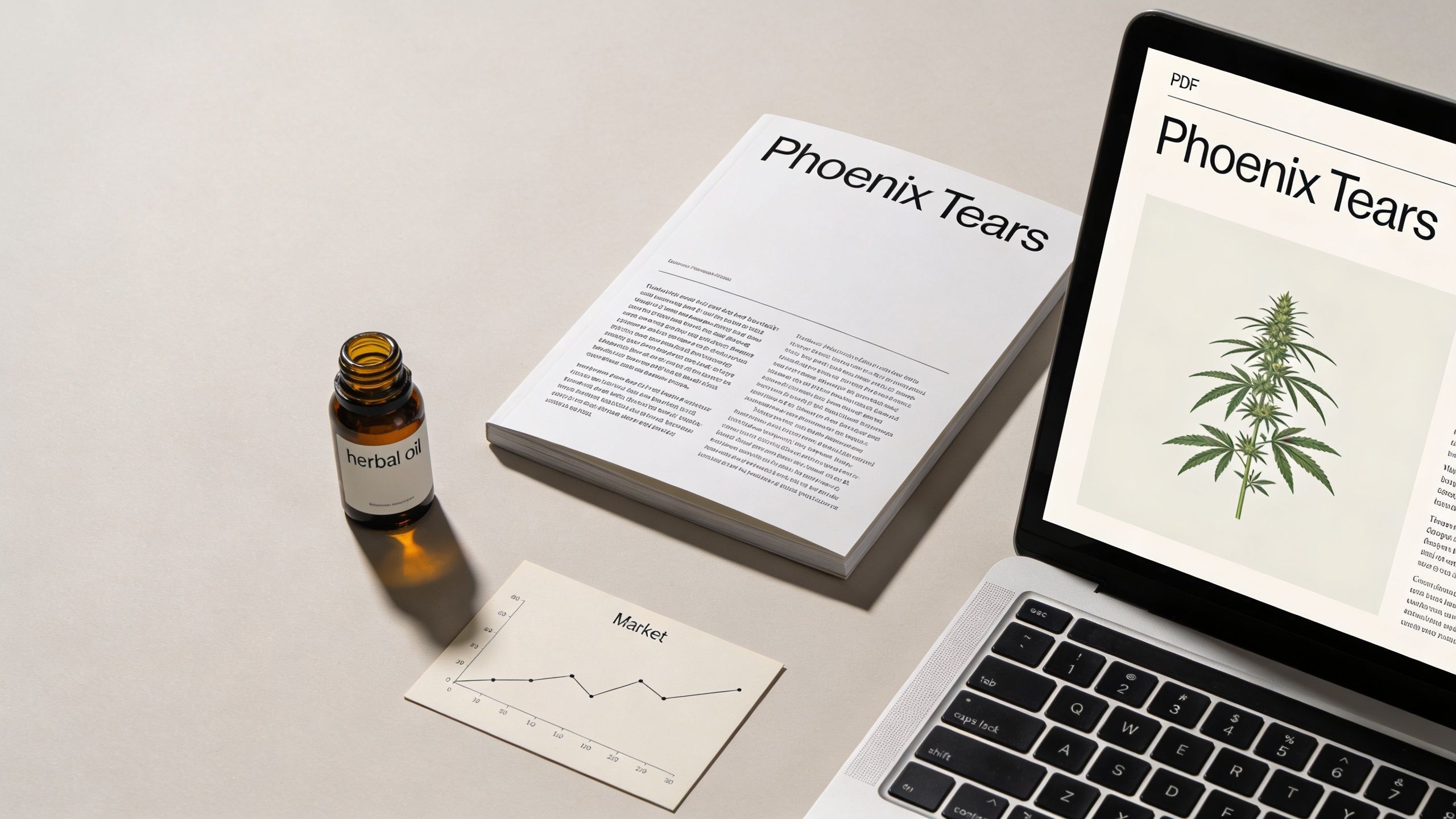 A professional flatlay featuring a book about Phoenix Tears oil, herbal oil, and market analysis graphics.