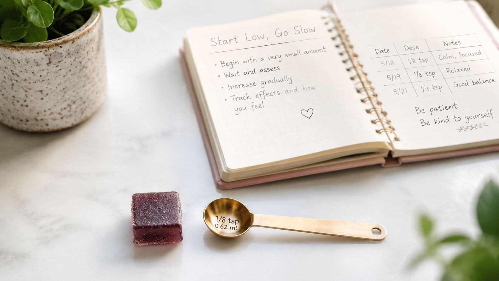 A journal with health tracking notes next to a small purple gummy and a 1/8 teaspoon measuring spoon.