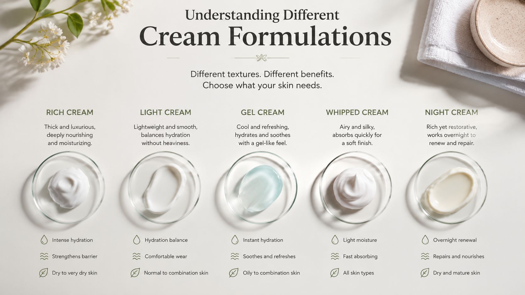 A visual guide comparing five different skincare cream formulations with their textures and specific skin benefits.