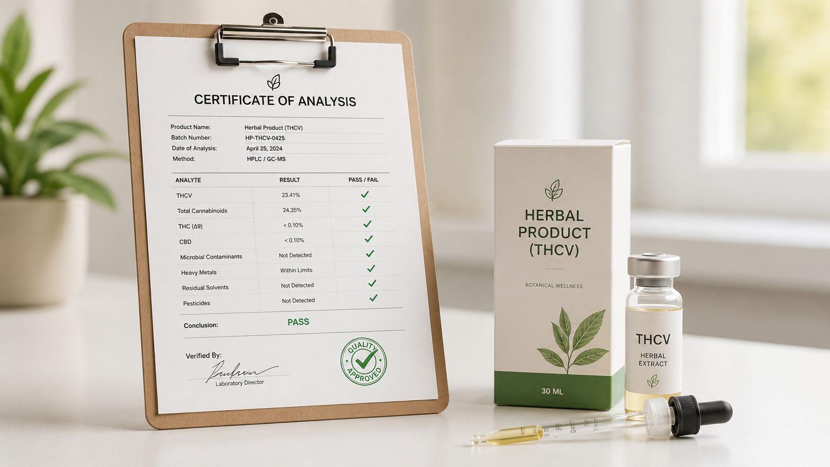 A certificate of analysis for a THCV herbal product displayed alongside a bottle and packaging.