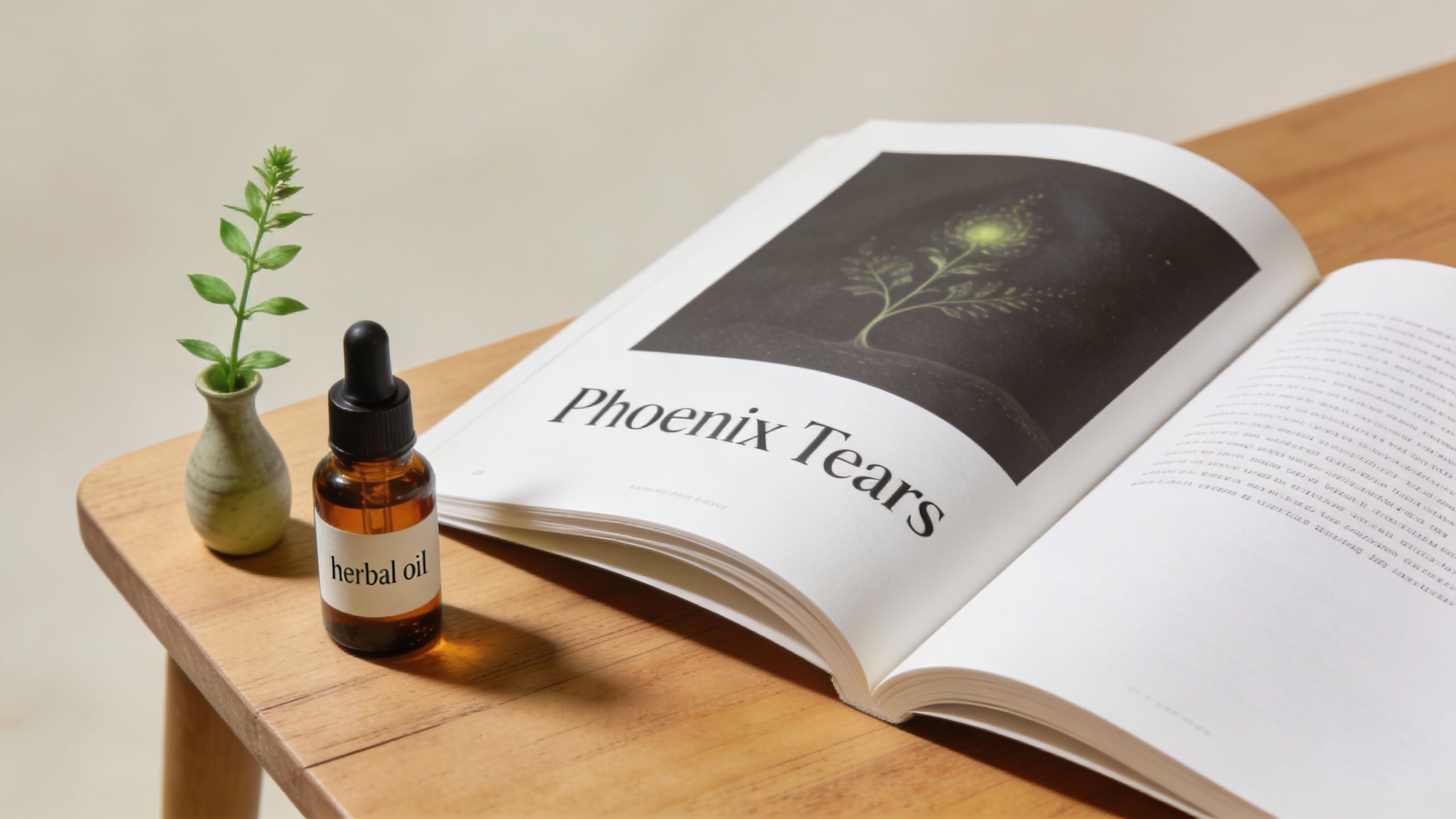 A small amber herbal oil bottle next to an open book titled Phoenix Tears on a table.