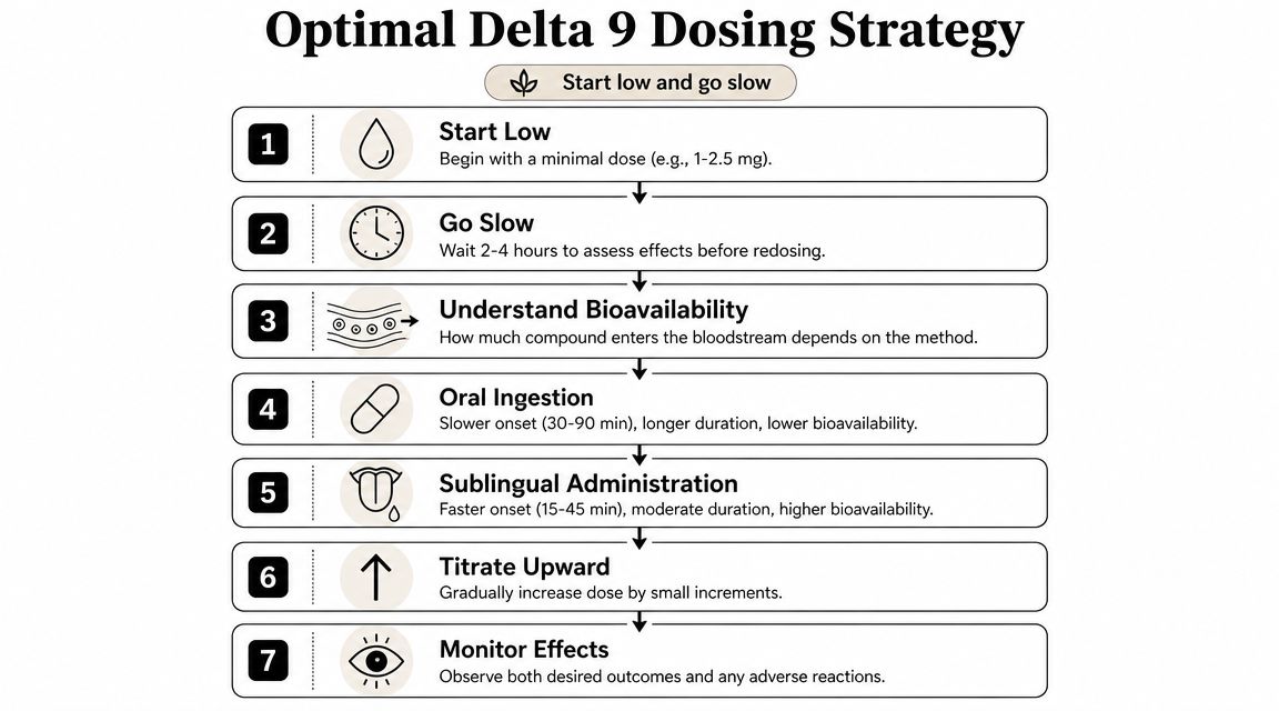A seven-step guide illustrating an optimal dosing strategy for Delta 9, emphasizing starting low and going slow.