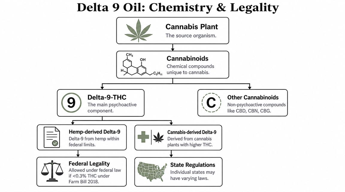 A flowchart explaining the chemistry and legal status of Delta-9-THC derived from cannabis and hemp plants.